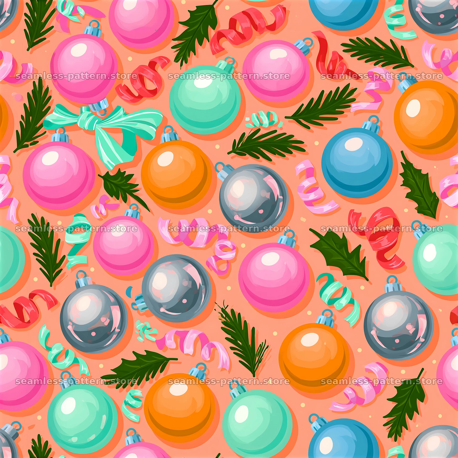 Colorful Christmas seamless pattern with metallic baubles — seamless tileable pattern at 8192x8192