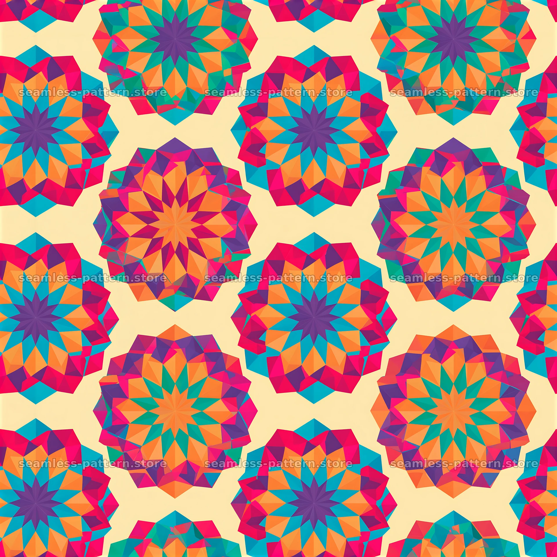Vibrant geometric flower shapes seamless pattern in bold colors — seamless tileable pattern at 8192x8192