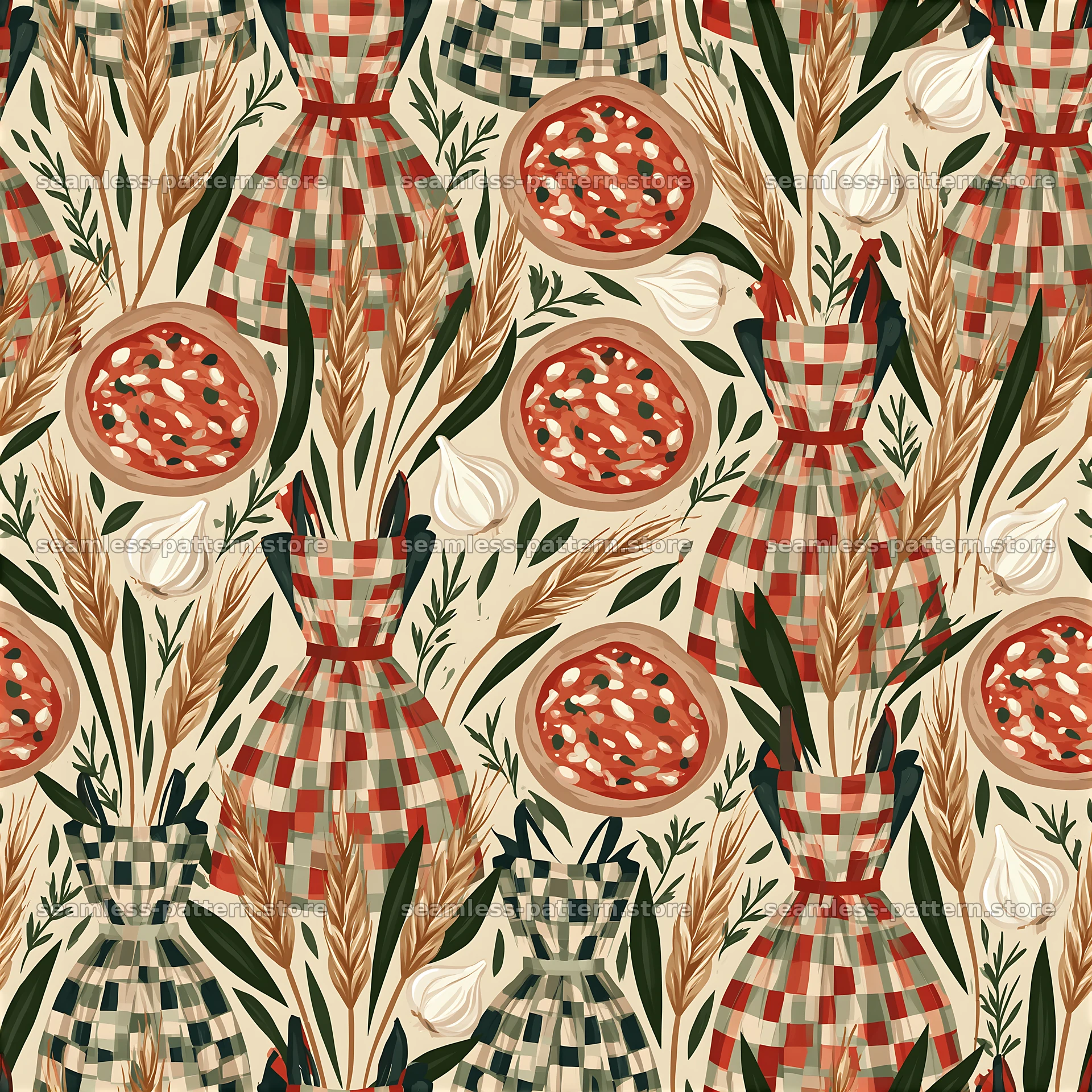 Seamless apron pizza pattern with dresses and wheat elements — seamless tileable pattern at 8192x8192