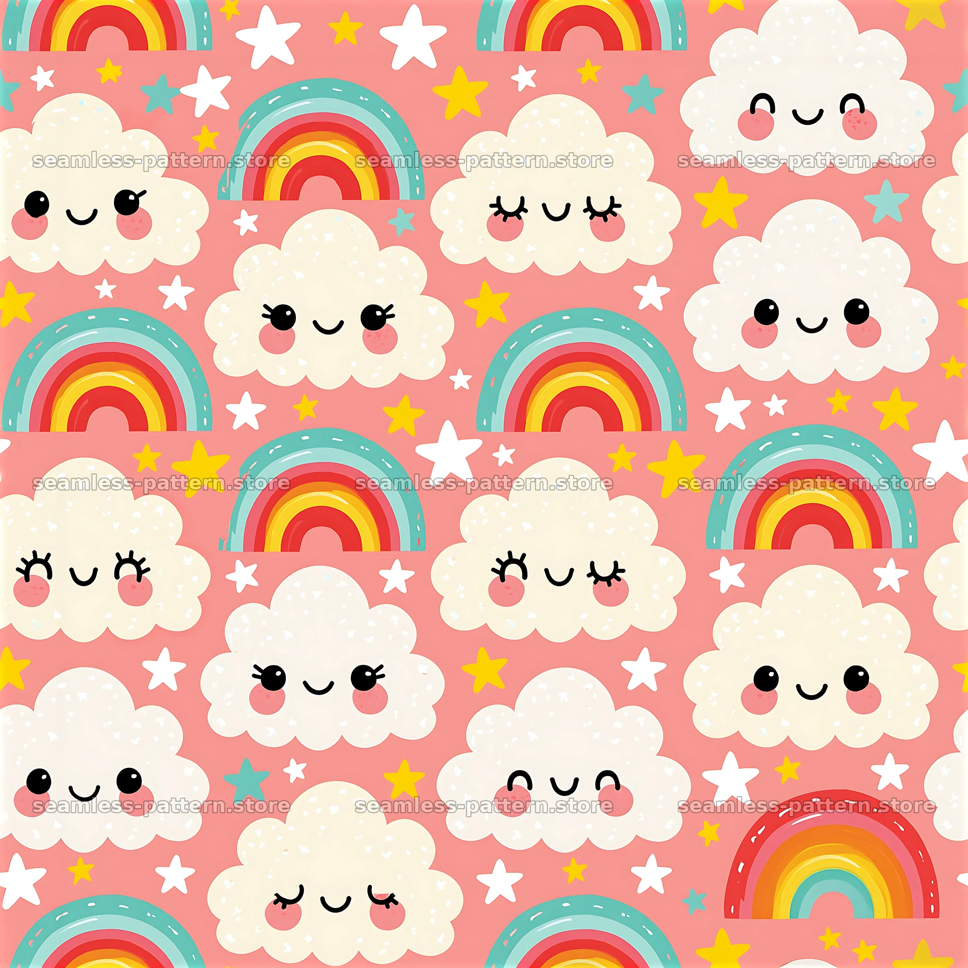 Happy cloud seamless pattern for kids with rainbows and stars — seamless tileable pattern at 8192x8192
