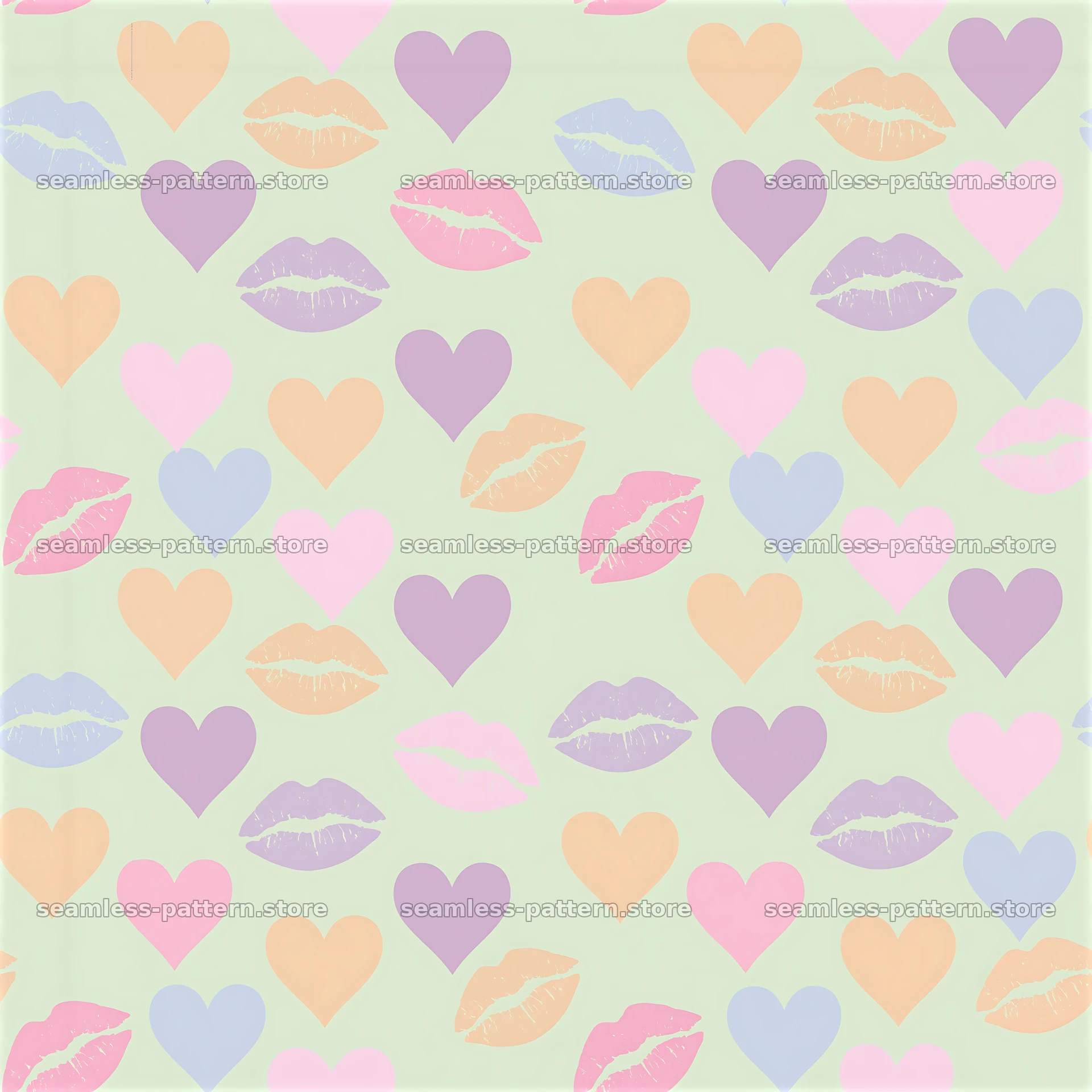 Seamless pattern with lipstick stamps and pastel hearts — seamless tileable pattern at 8192x8192