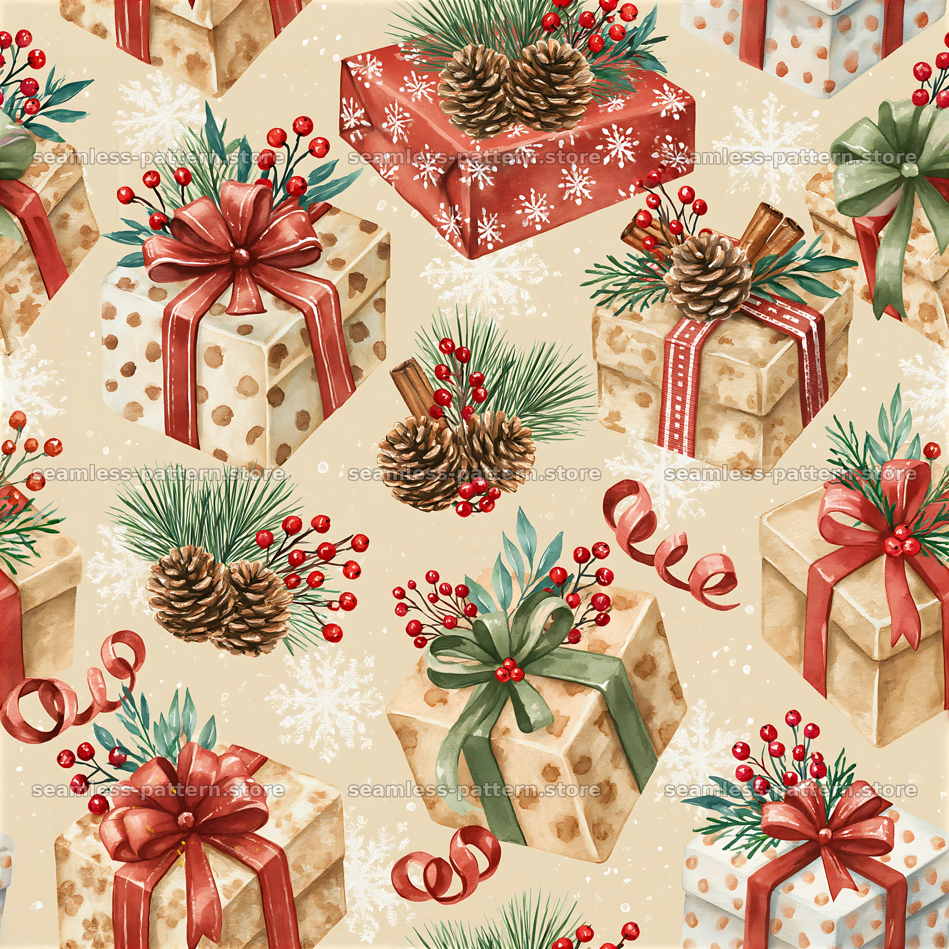 Tileable pattern with festive wrapped presents and pinecones — seamless tileable pattern at 8192x8192