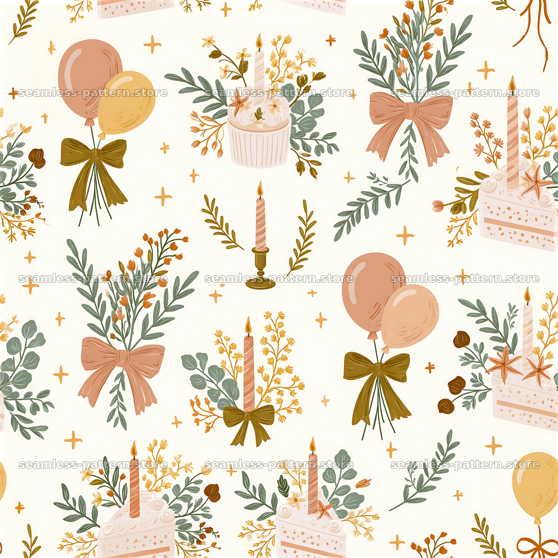 Birthday vintage seamless pattern featuring cakes, flowers, and balloons — seamless tileable pattern at 8192x8192