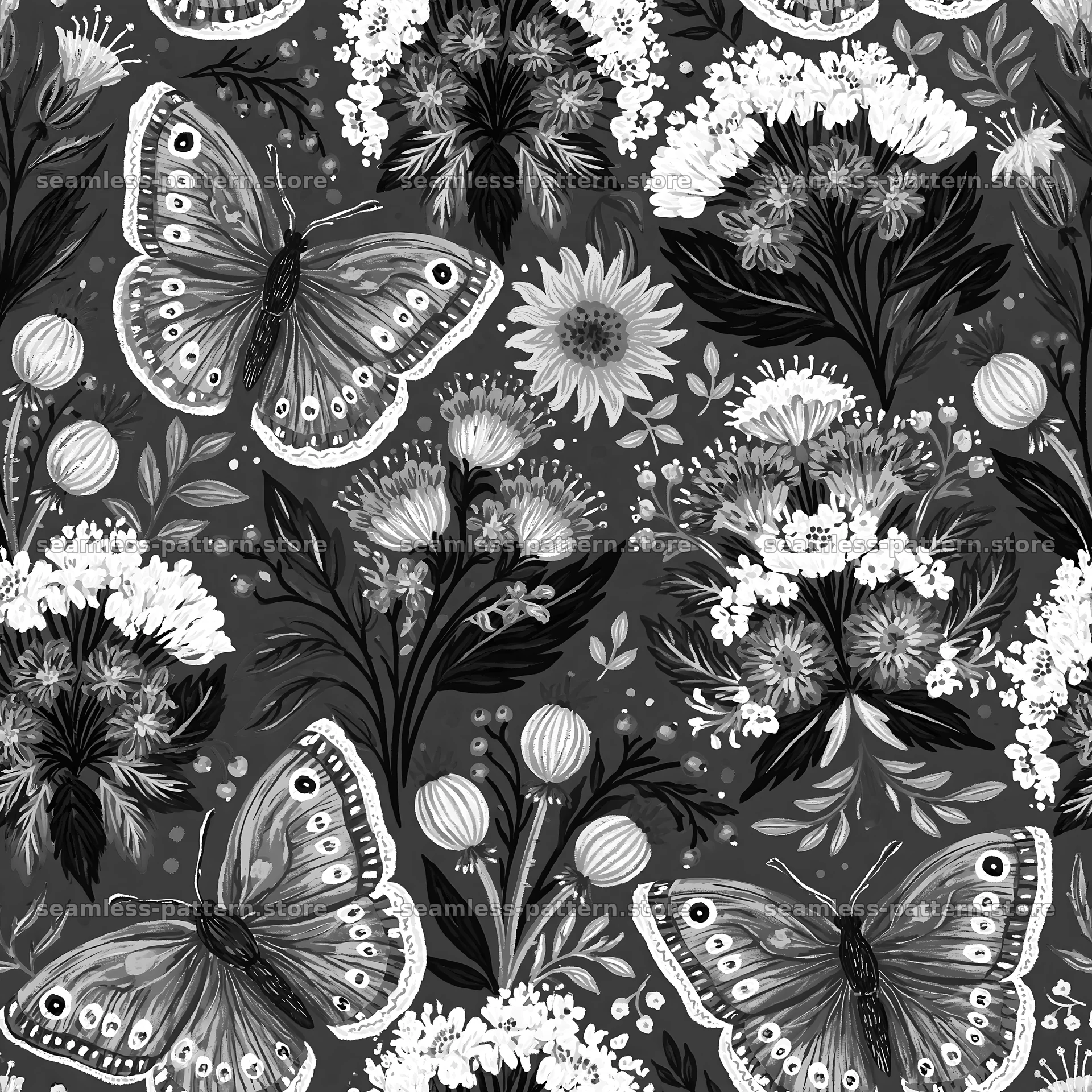 This seamless pattern features butterflies among various flowers — seamless tileable pattern