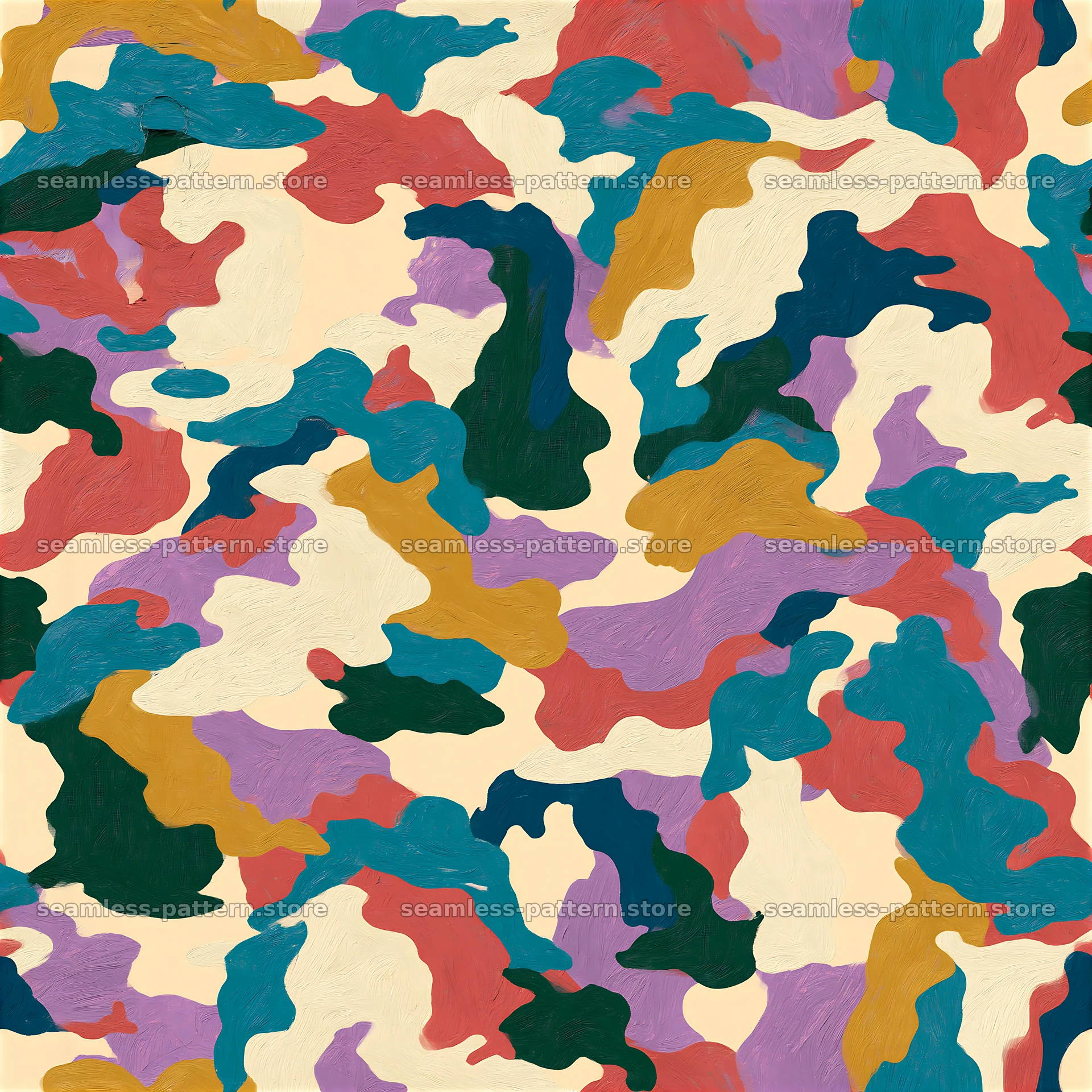 Multicolor camouflage print created with abstract shapes and colors — seamless tileable pattern at 8192x8192