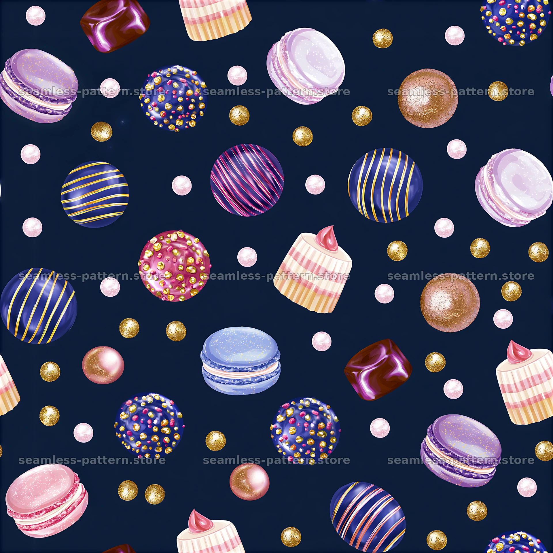 Birthday party sweets seamless pattern with macarons and candies — seamless tileable pattern at 8192x8192