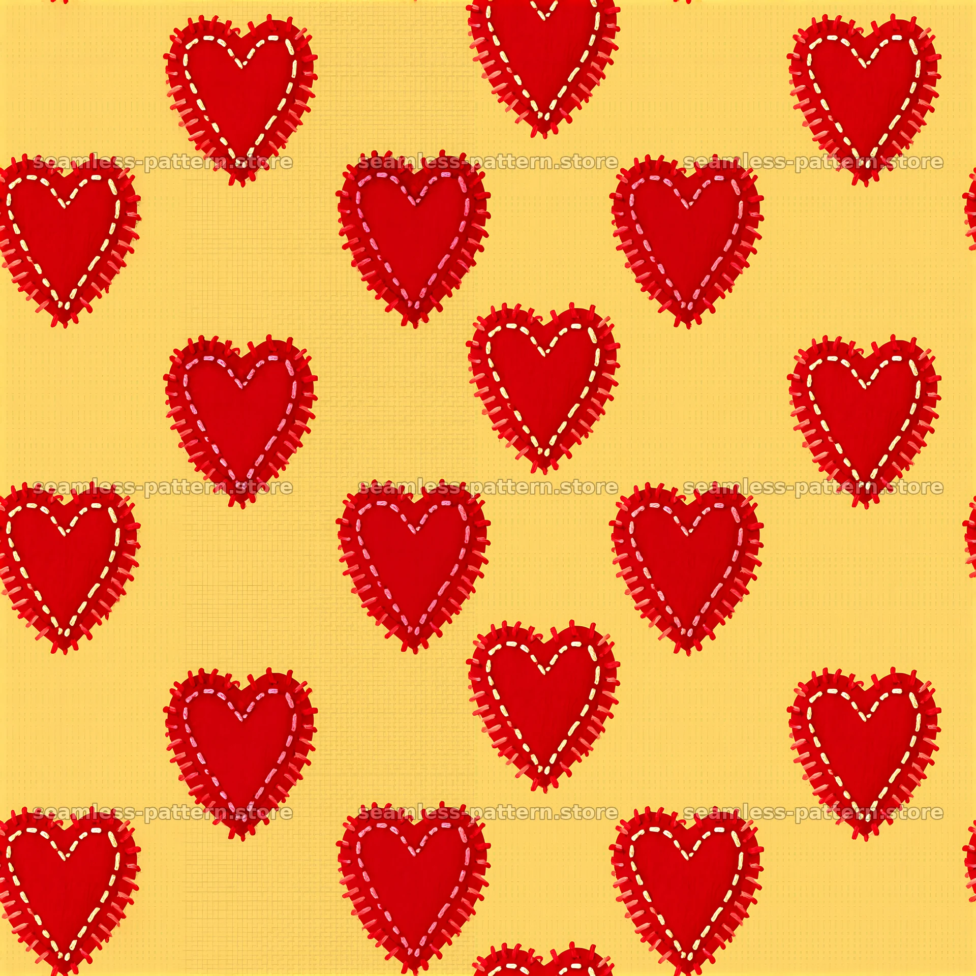 Stitched hearts repeating pattern with yellow background — seamless tileable pattern at 8192x8192
