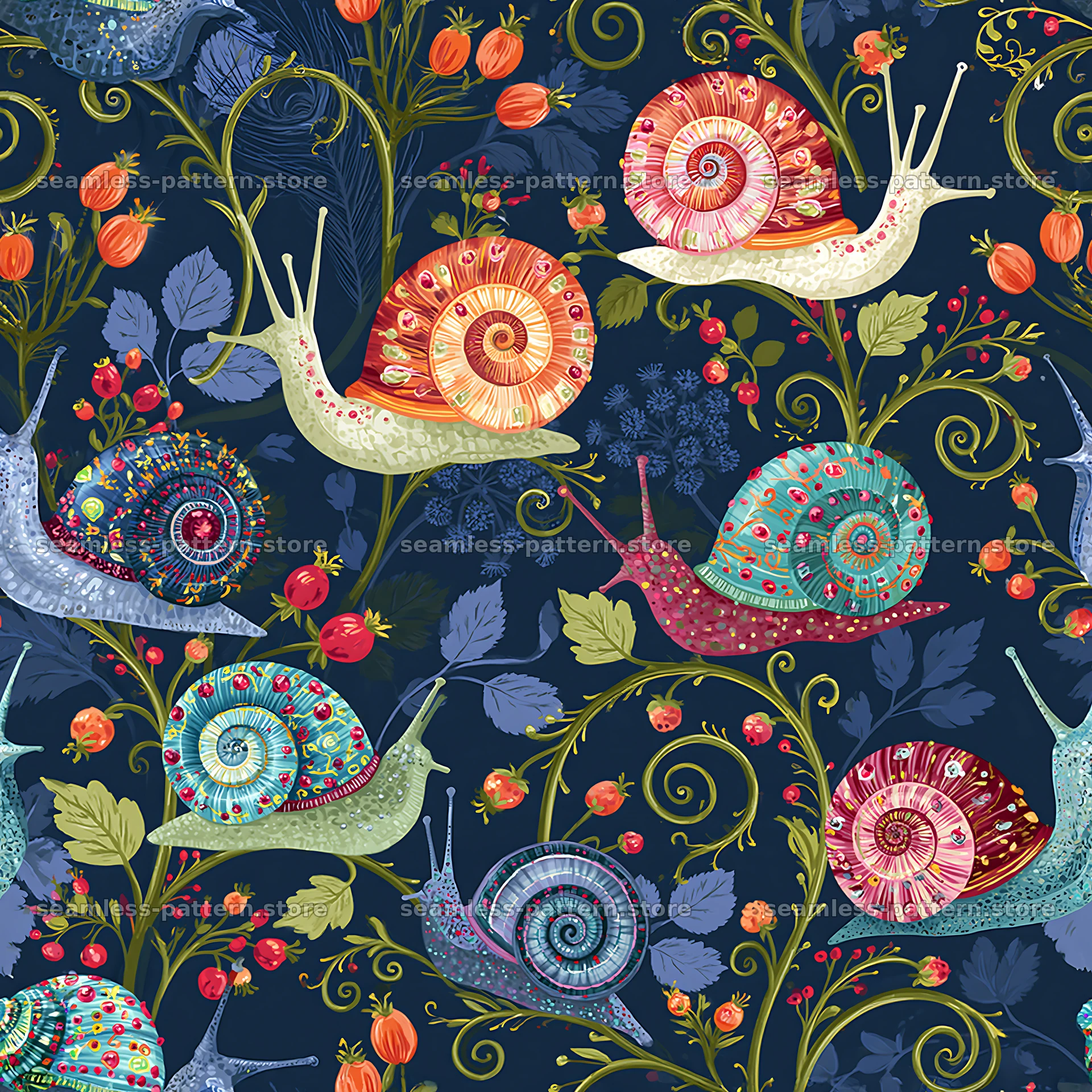 Repeating pattern of colorful garden snails — seamless tileable pattern