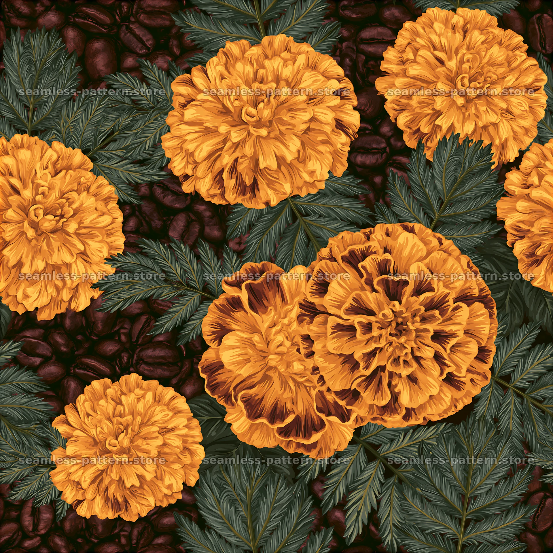 Seamless coffee beans and flowers pattern with marigold blooms — seamless tileable pattern at 8192x8192