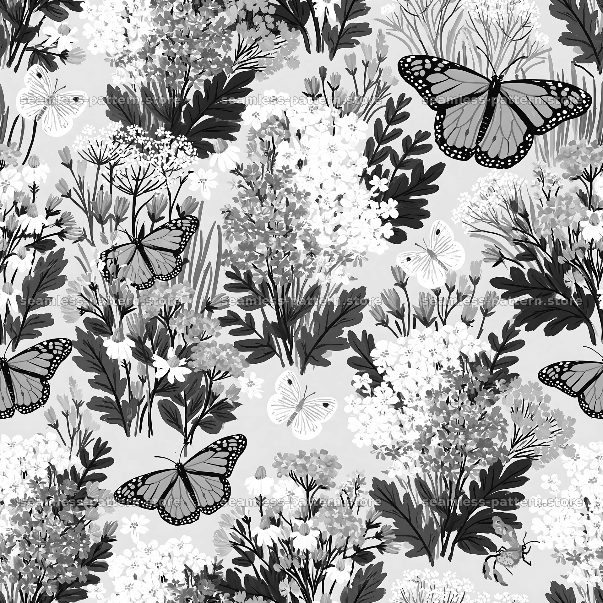 Butterfly and wildflower seamless pattern design in black and white — seamless tileable pattern
