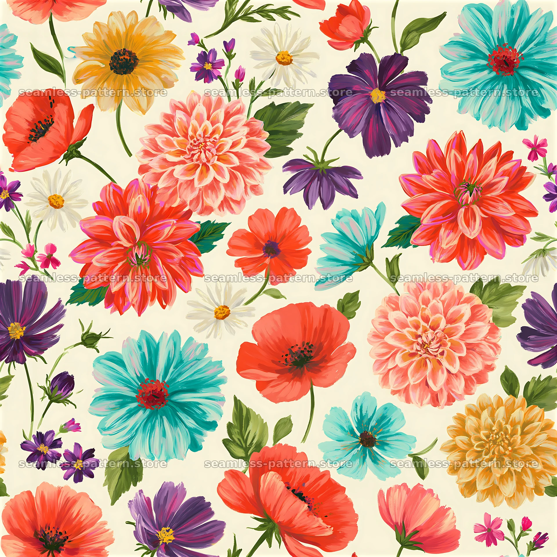 Colorful garden flowers repeat pattern design with various flower types — seamless tileable pattern at 8192x8192