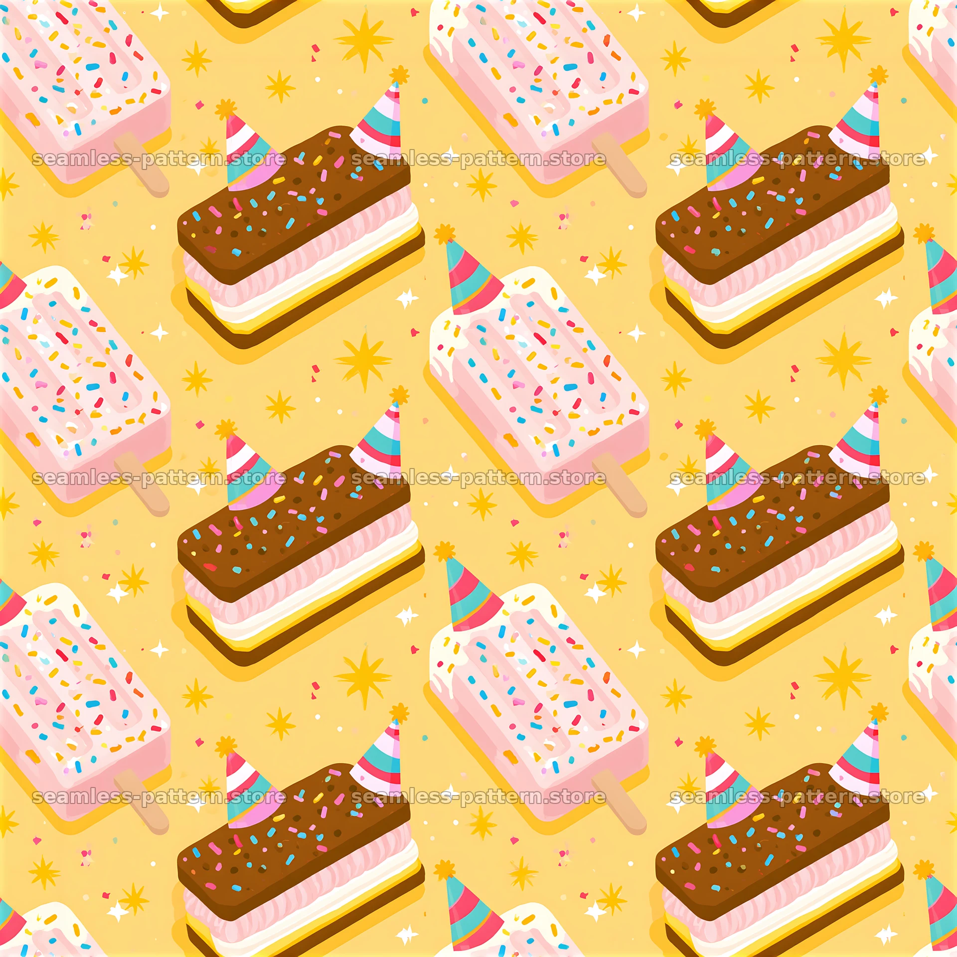 Birthday ice cream seamless pattern with popsicles and sprinkles — seamless tileable pattern at 8192x8192