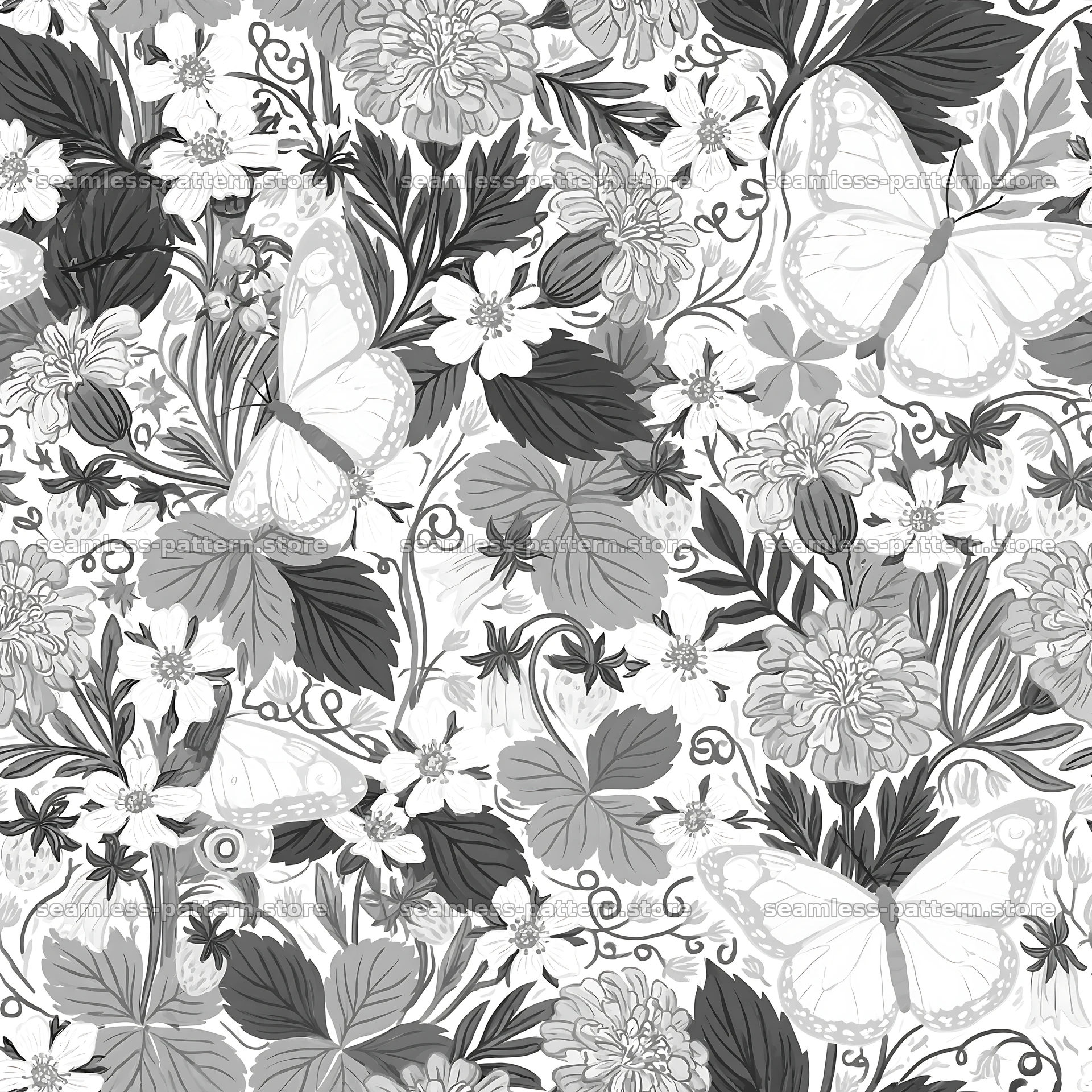 Fairy garden butterfly seamless pattern in black and white — seamless tileable pattern