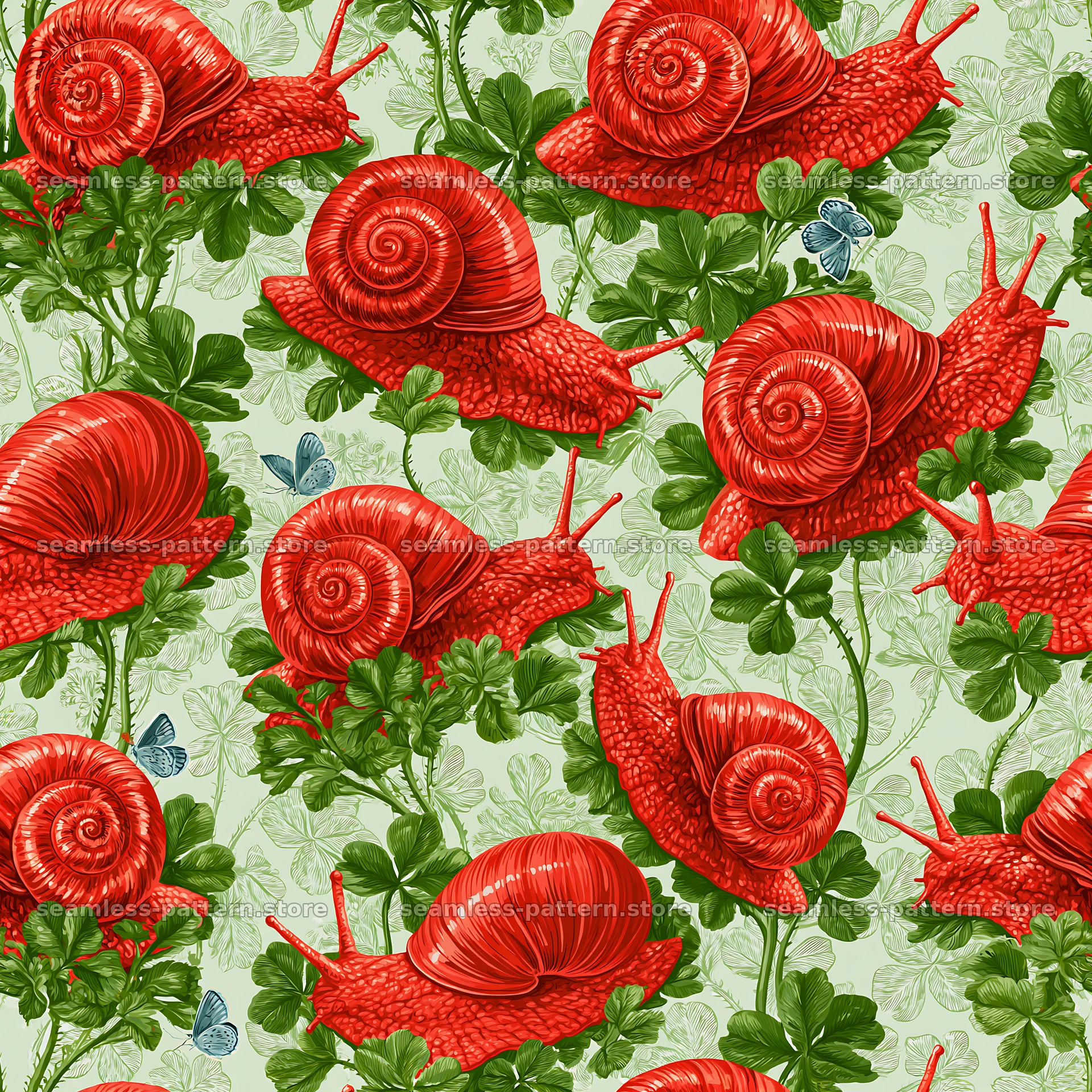 Red snail pattern with butterflies, repeating pattern — seamless tileable pattern
