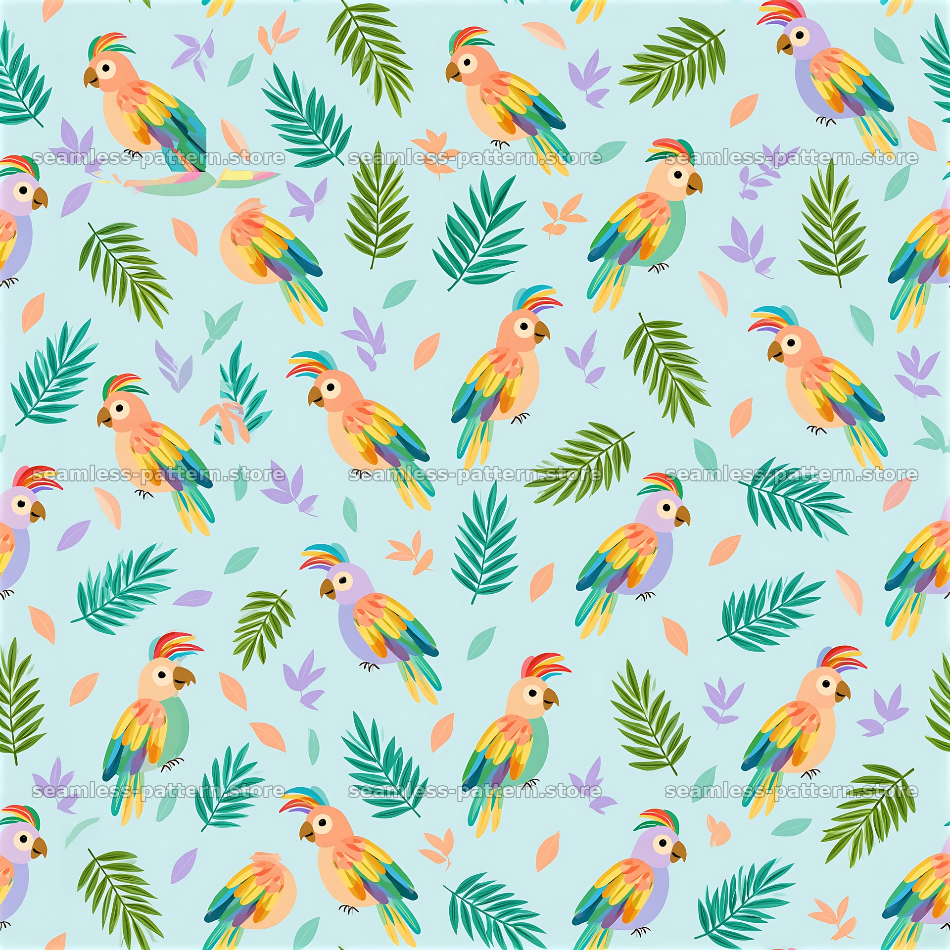 Funky parrots seamless pattern with leaves and light blue background — seamless tileable pattern at 8192x8192