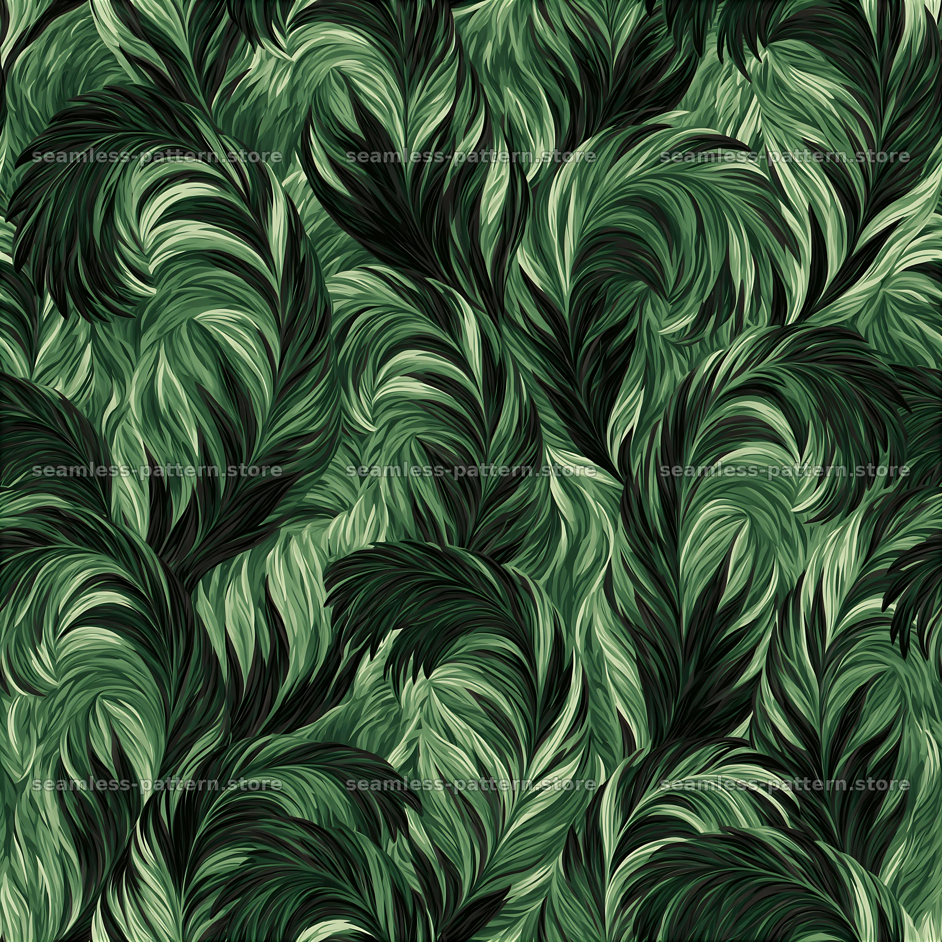 Green camouflage bird plumage repeating pattern with swirling shapes — seamless tileable pattern at 8192x8192