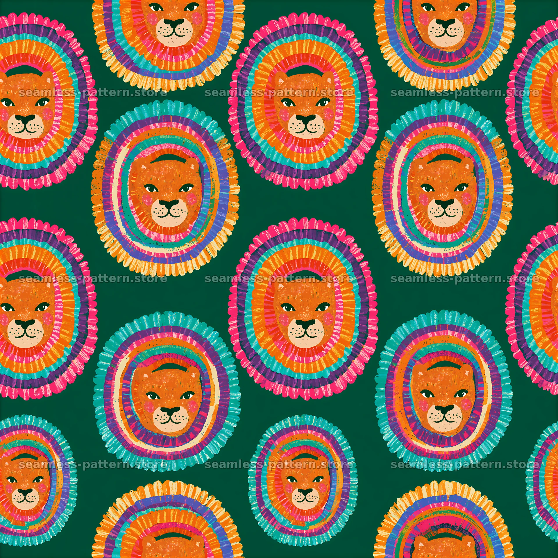 Lion face with rainbows seamless pattern for vibrant designs — seamless tileable pattern at 8192x8192