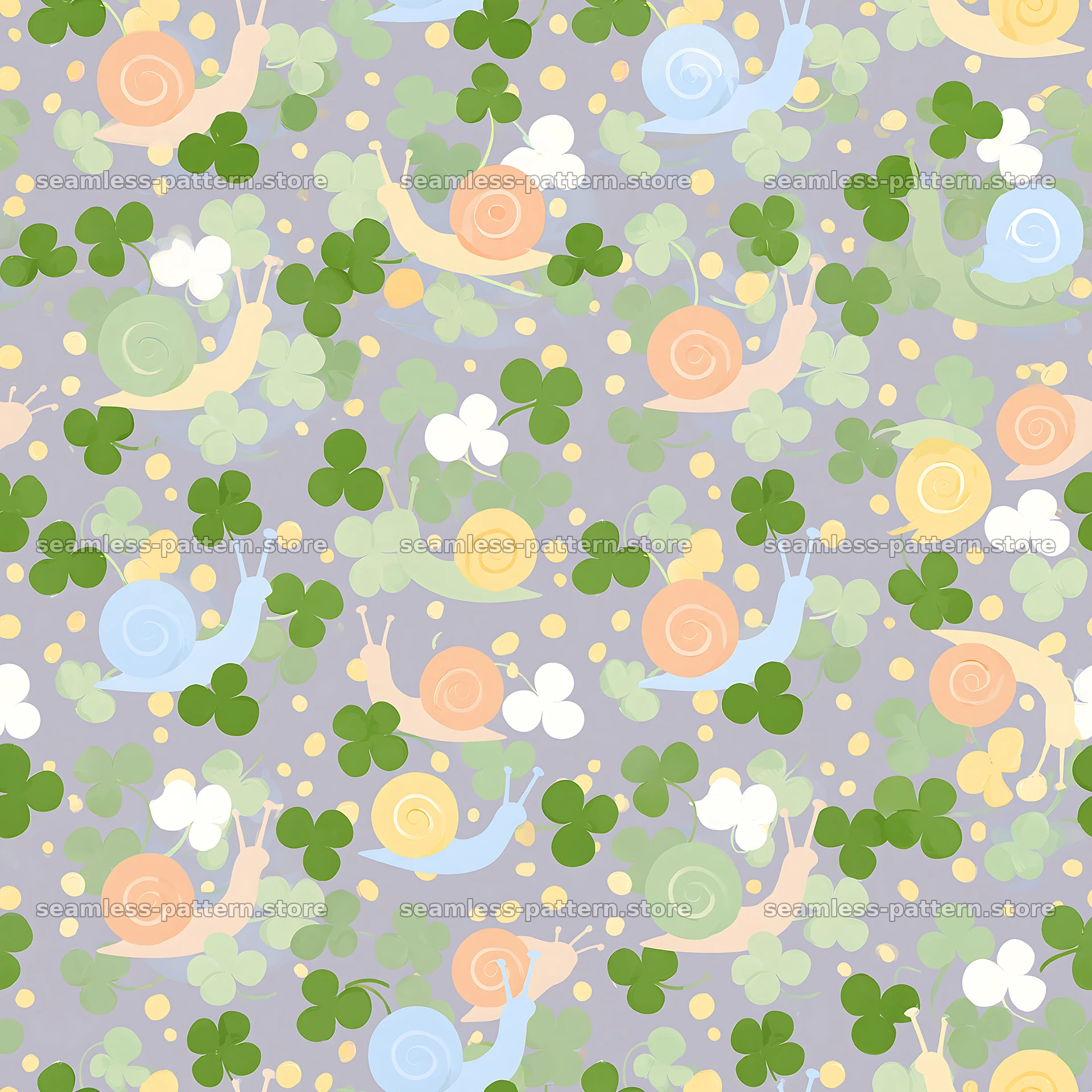 Seamless pattern of snails and clover leaves in soft colors — seamless tileable pattern