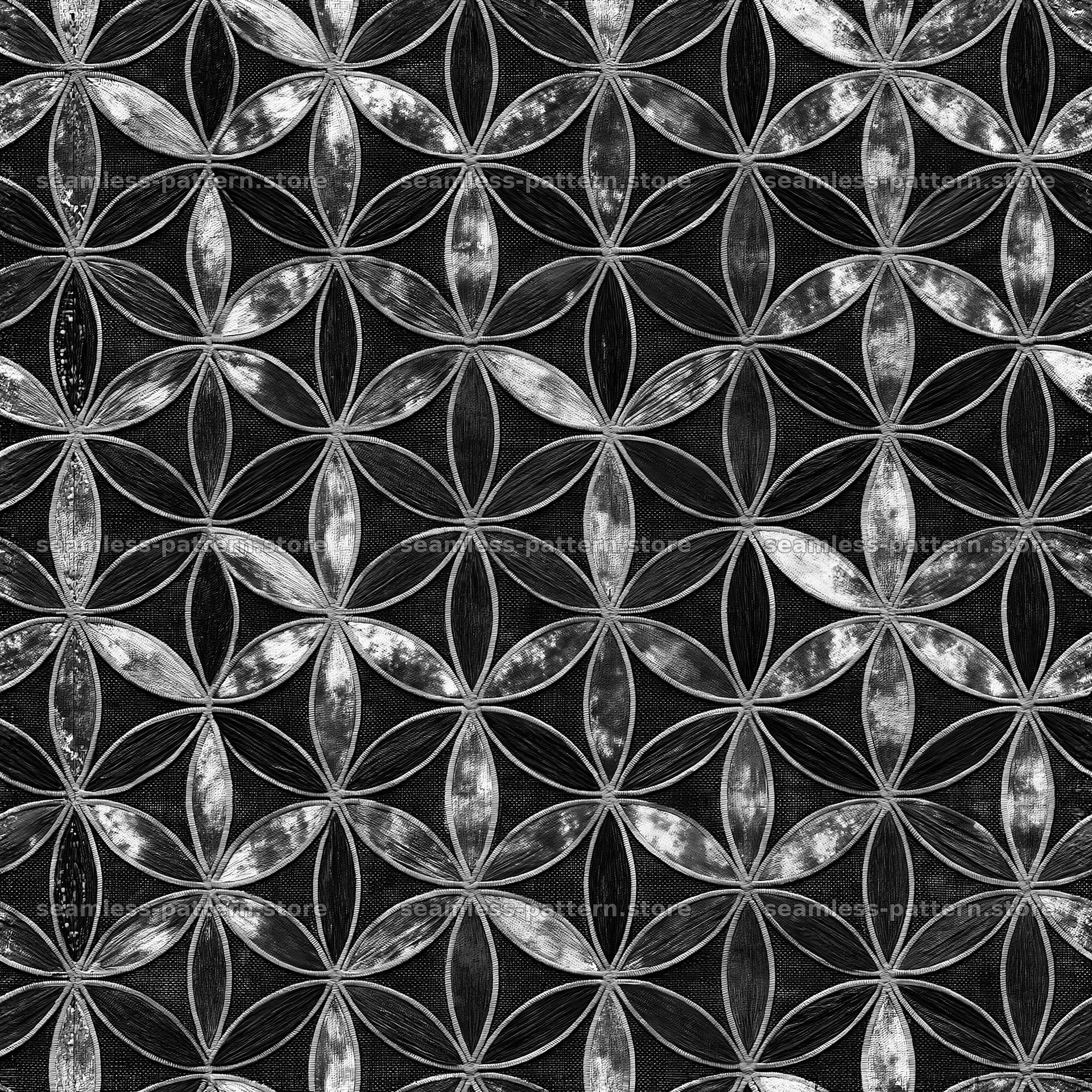 Seamless flower of life esoteric pattern in black and white — seamless tileable pattern