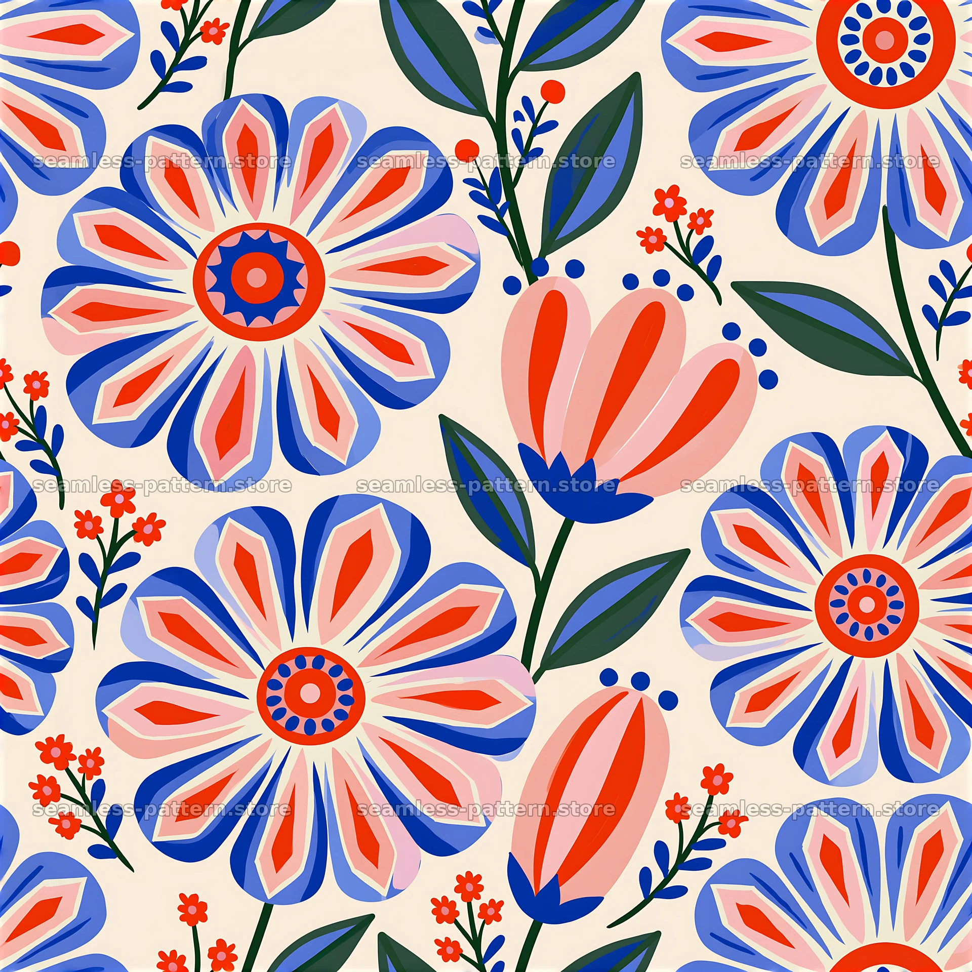 Folk art flower seamless pattern in bright colors with leaves — seamless tileable pattern at 8192x8192