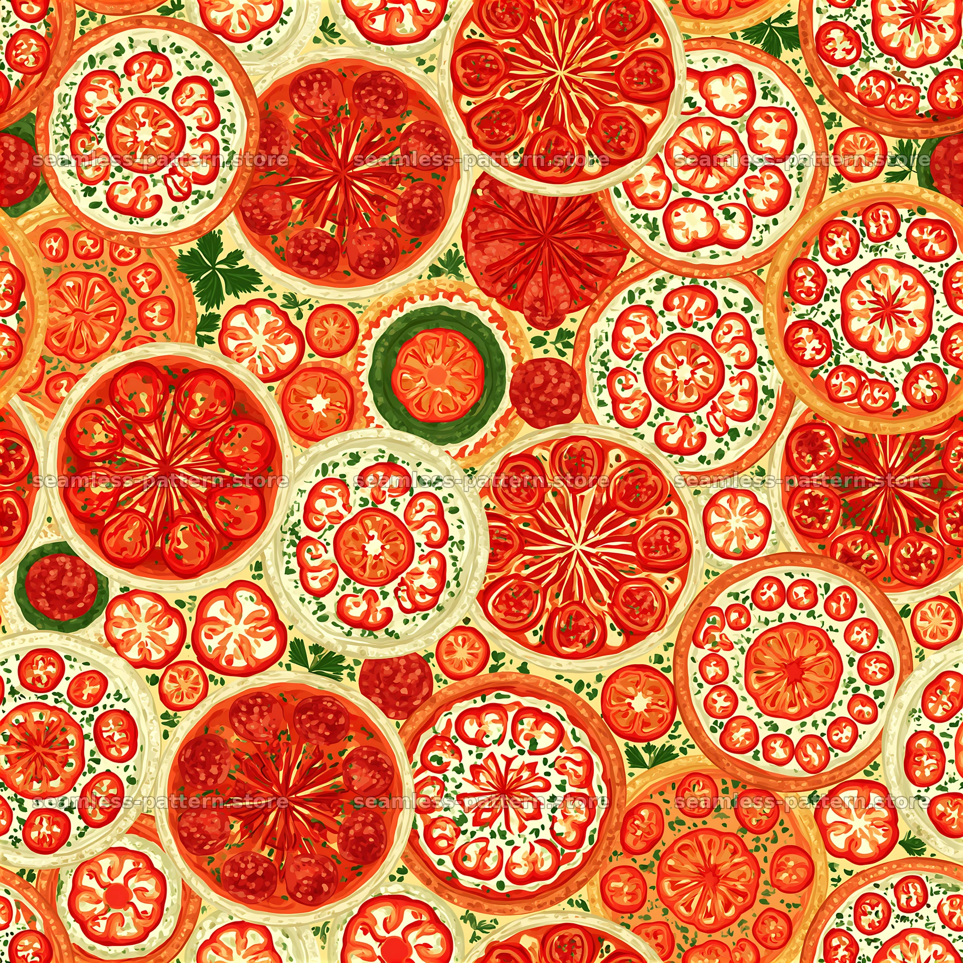 Seamless spicy pizza pattern with tomatoes, cheese, and herbs in design — seamless tileable pattern at 8192x8192