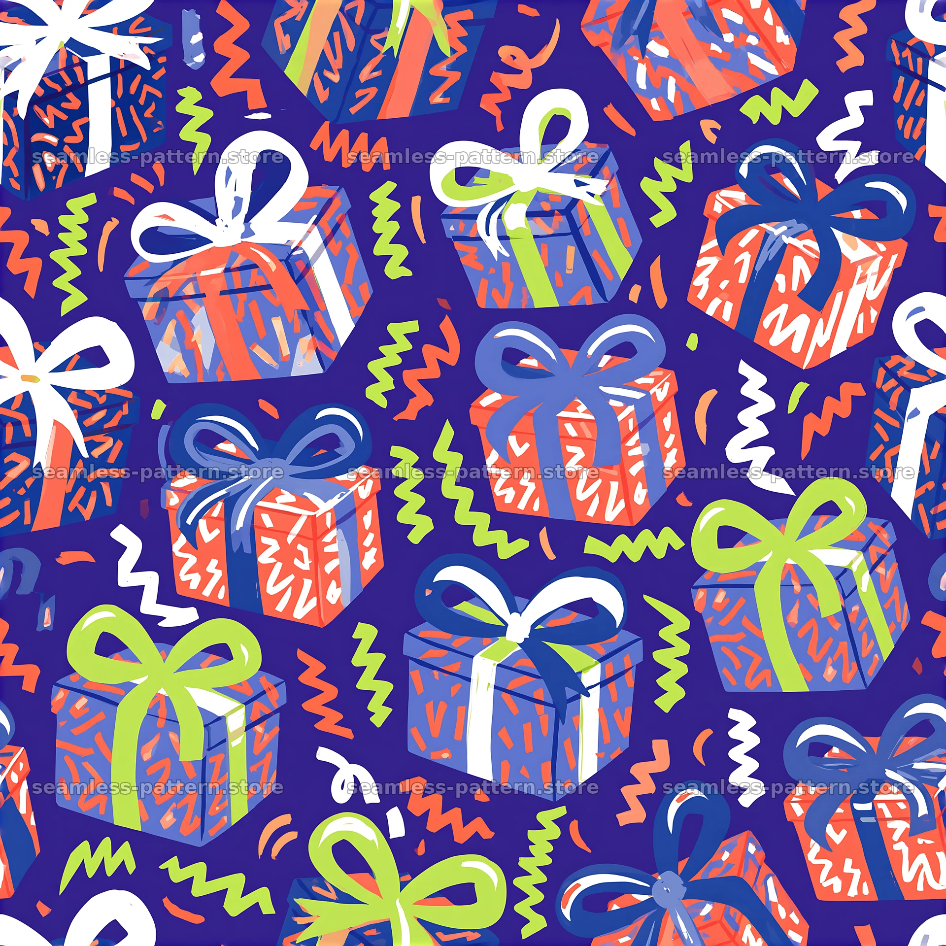 Repeating pattern with gift boxes and streamers on a purple background — seamless tileable pattern at 8192x8192