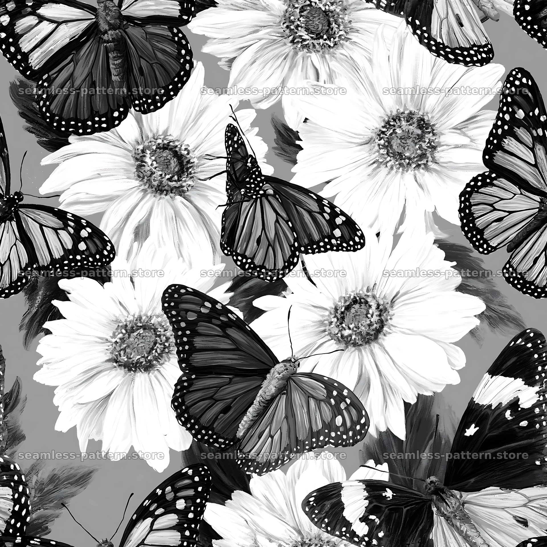 Butterfly and daisy seamless pattern in black and white — seamless tileable pattern
