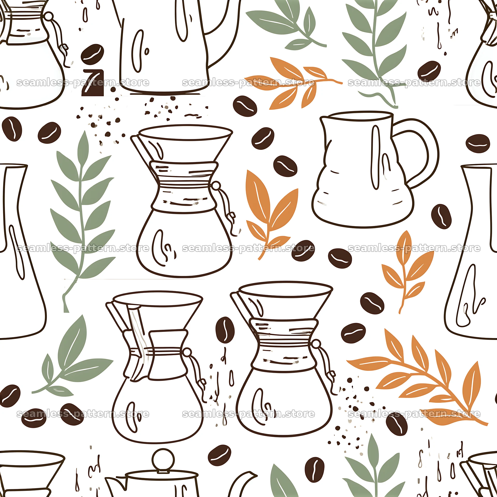 Seamless coffee brewing pattern with coffee pots and leaves — seamless tileable pattern at 8192x8192