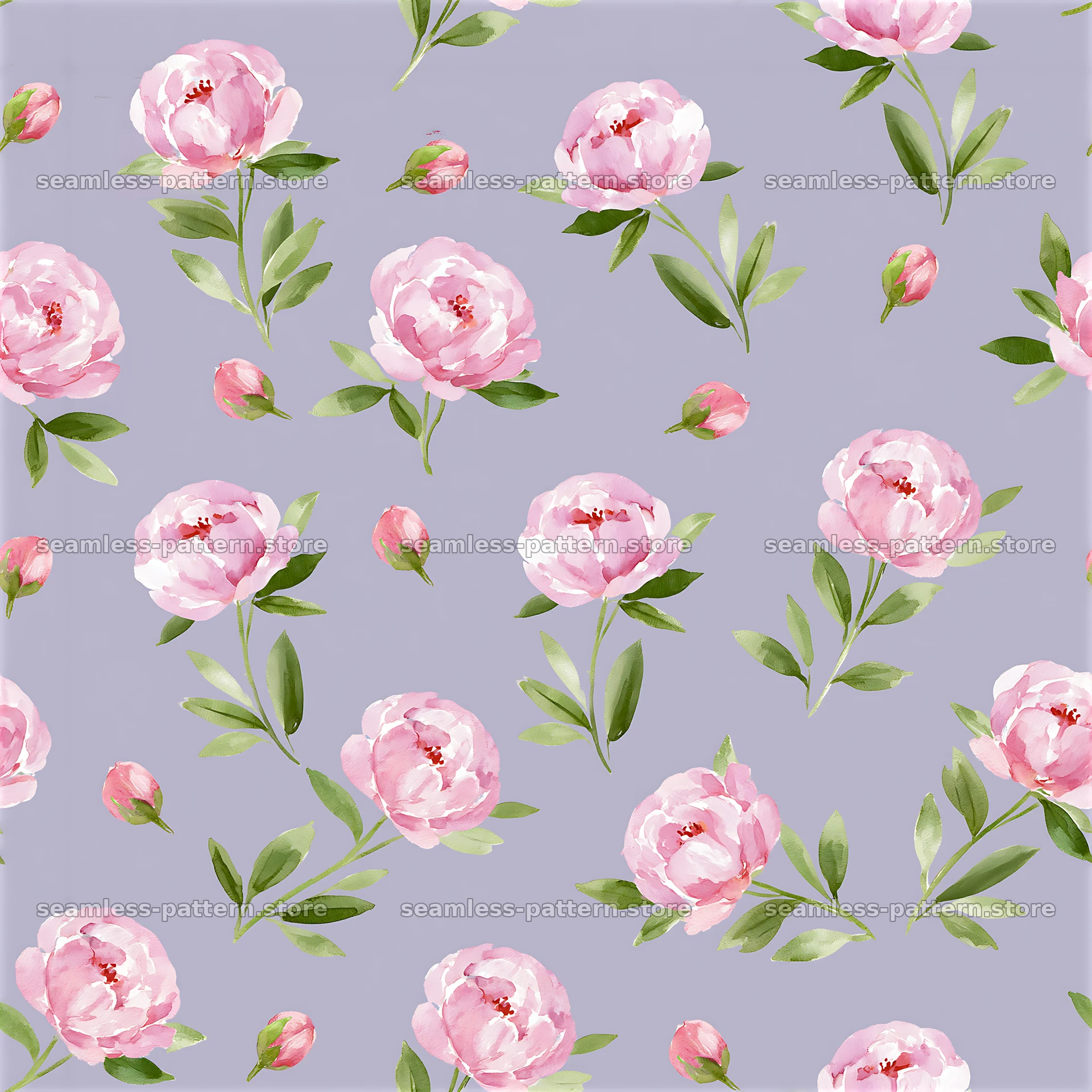 Seamless watercolor peony pattern on a light purple background — seamless tileable pattern at 8192x8192