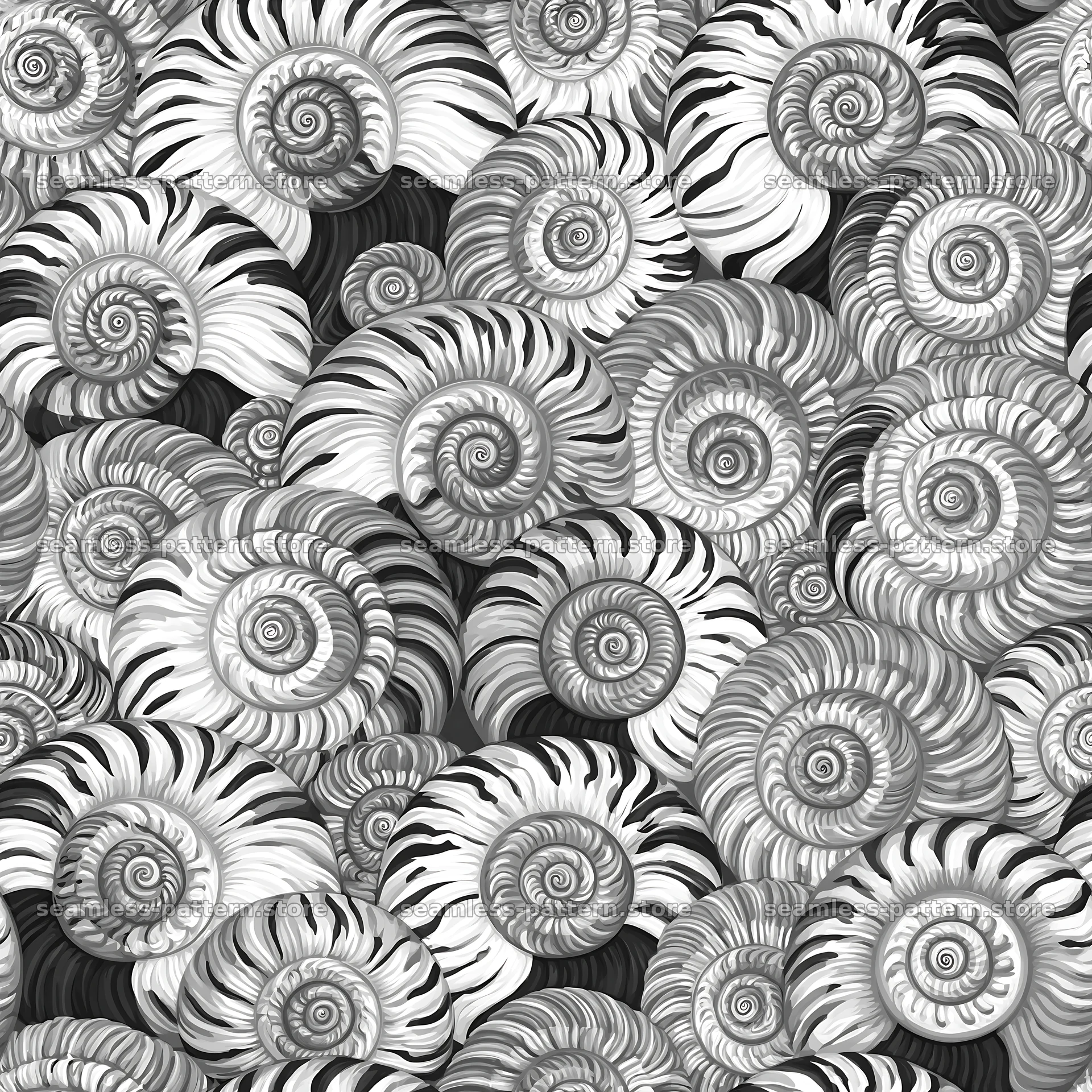 Seamless snail shell pattern with spirals in black and white — seamless tileable pattern