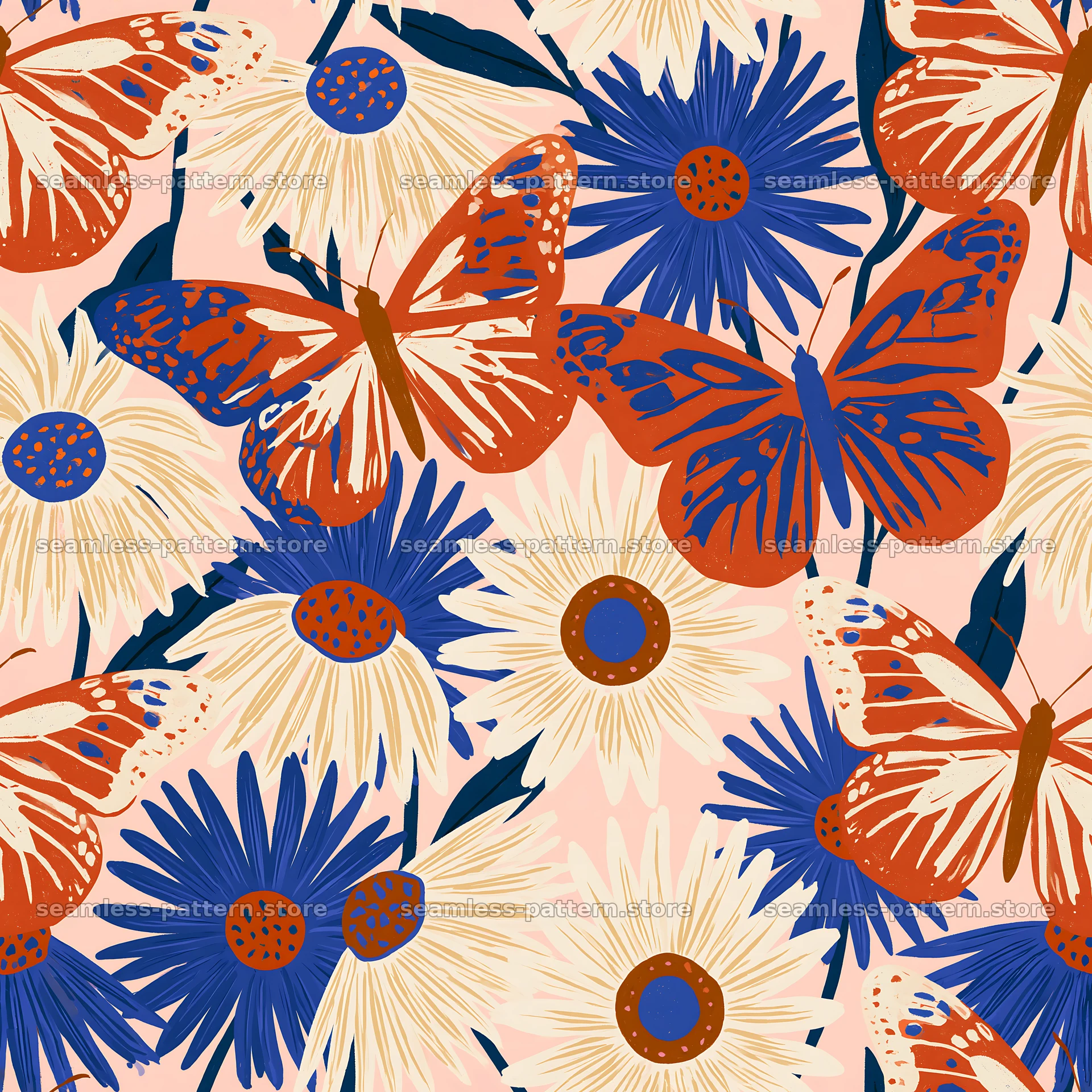 Butterfly and daisy seamless pattern in bright colors — seamless tileable pattern