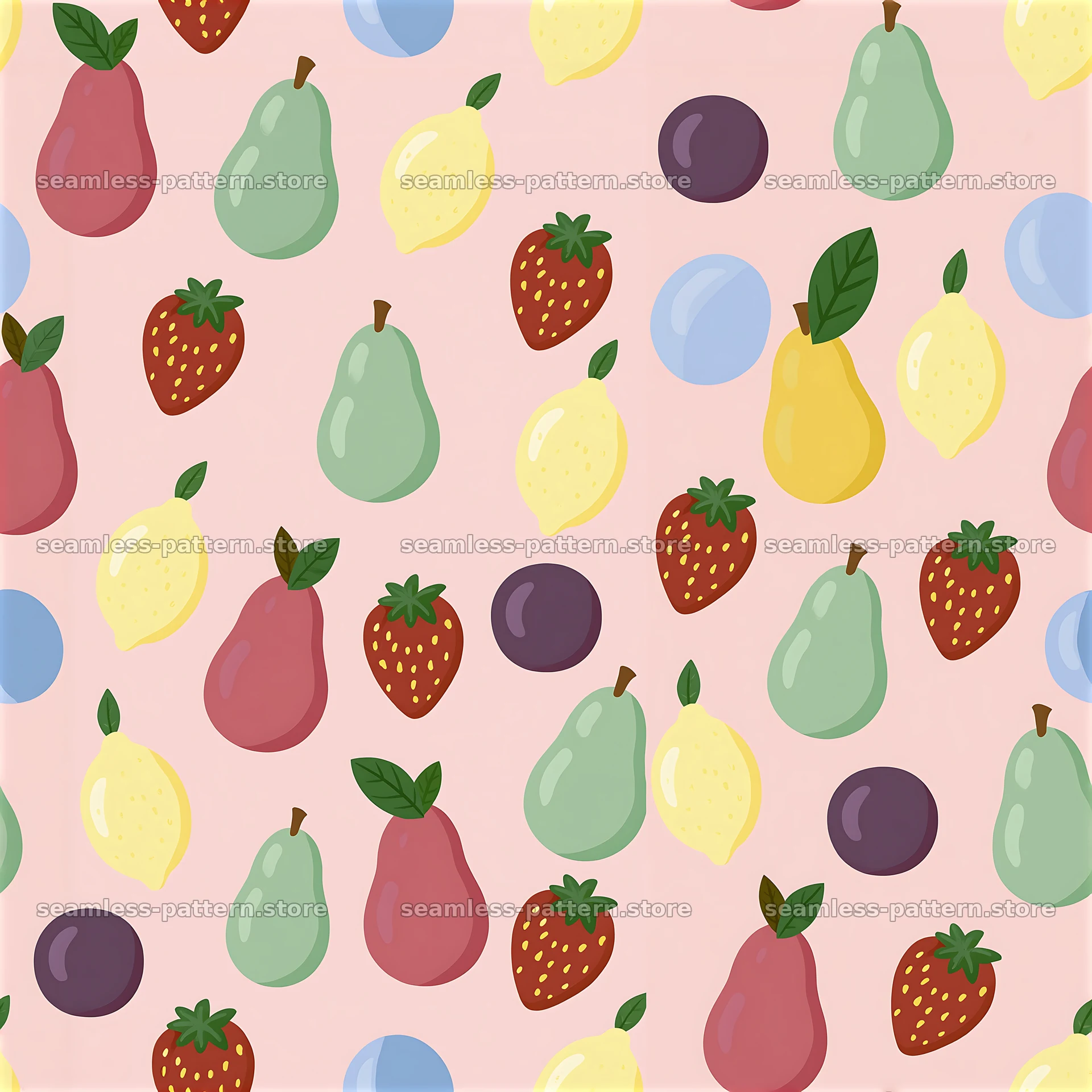 Funky fruit seamless pattern with strawberries, lemons, and pears — seamless tileable pattern at 8192x8192