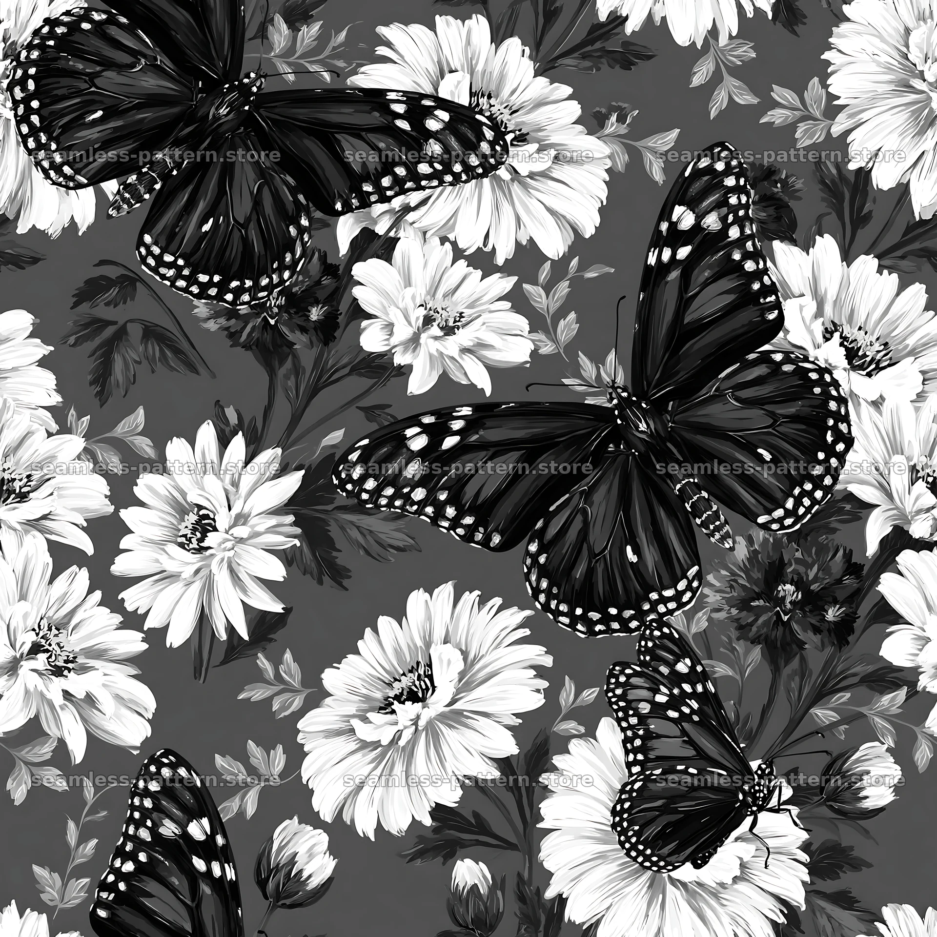 Butterfly and daisy seamless pattern in black and white — seamless tileable pattern
