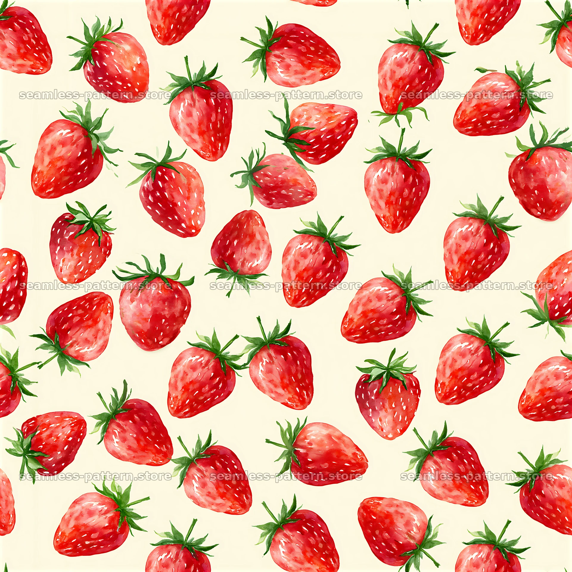Seamless watercolor strawberry pattern on cream background — seamless tileable pattern at 8192x8192