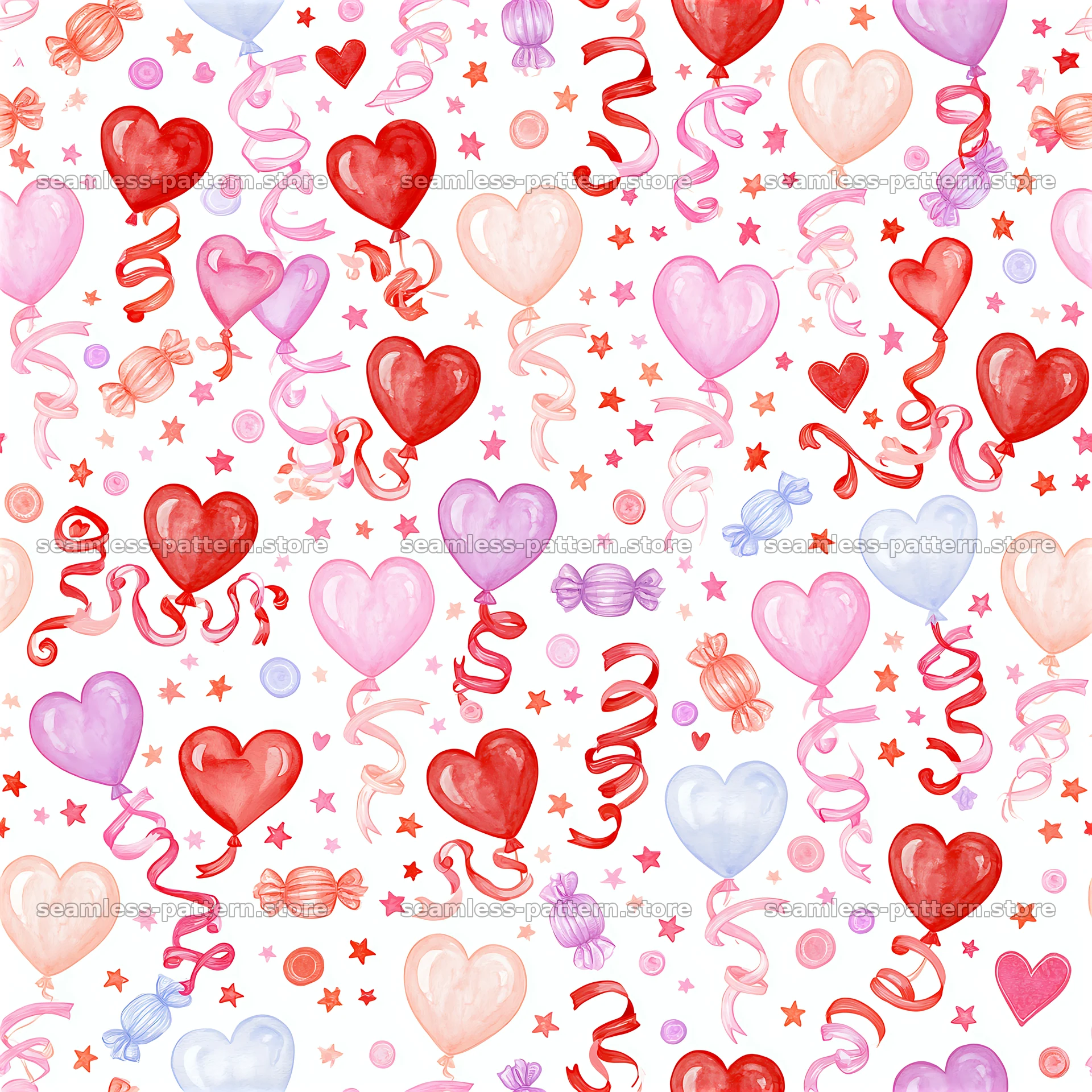 Valentine scrapbook repeat pattern with hearts and balloons — seamless tileable pattern at 8192x8192