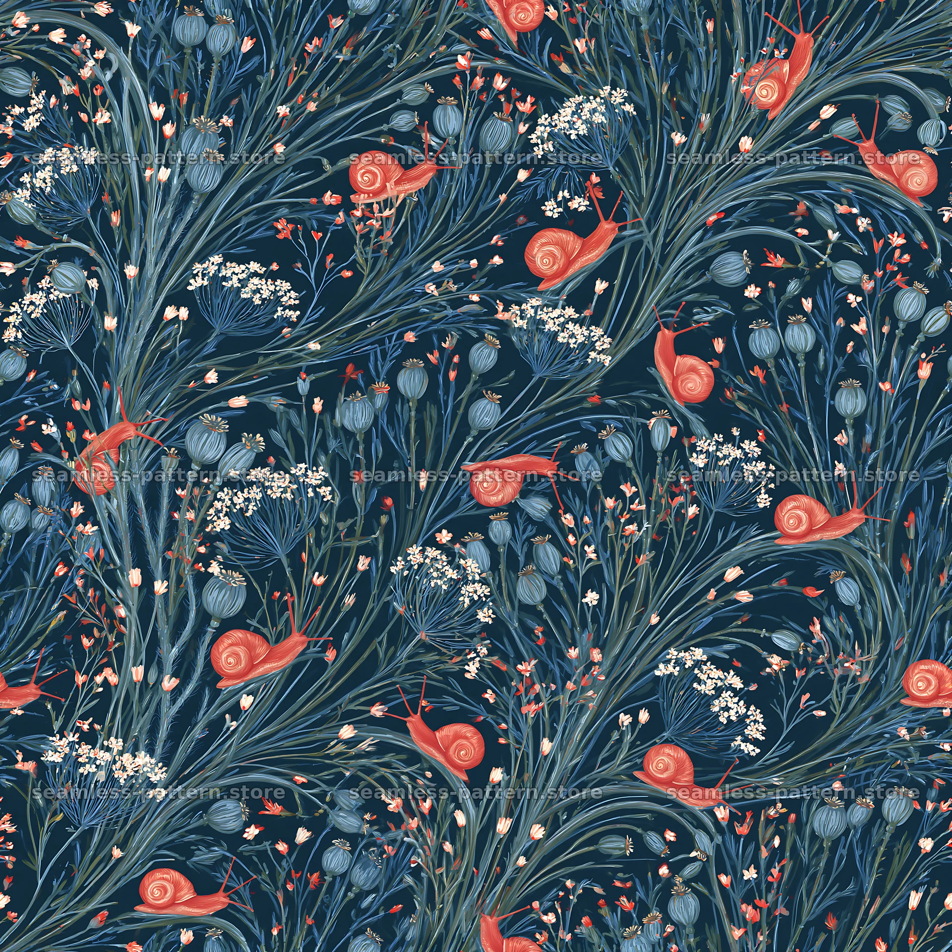 Red snail botanical repeat pattern for textiles and wallpaper — seamless tileable pattern