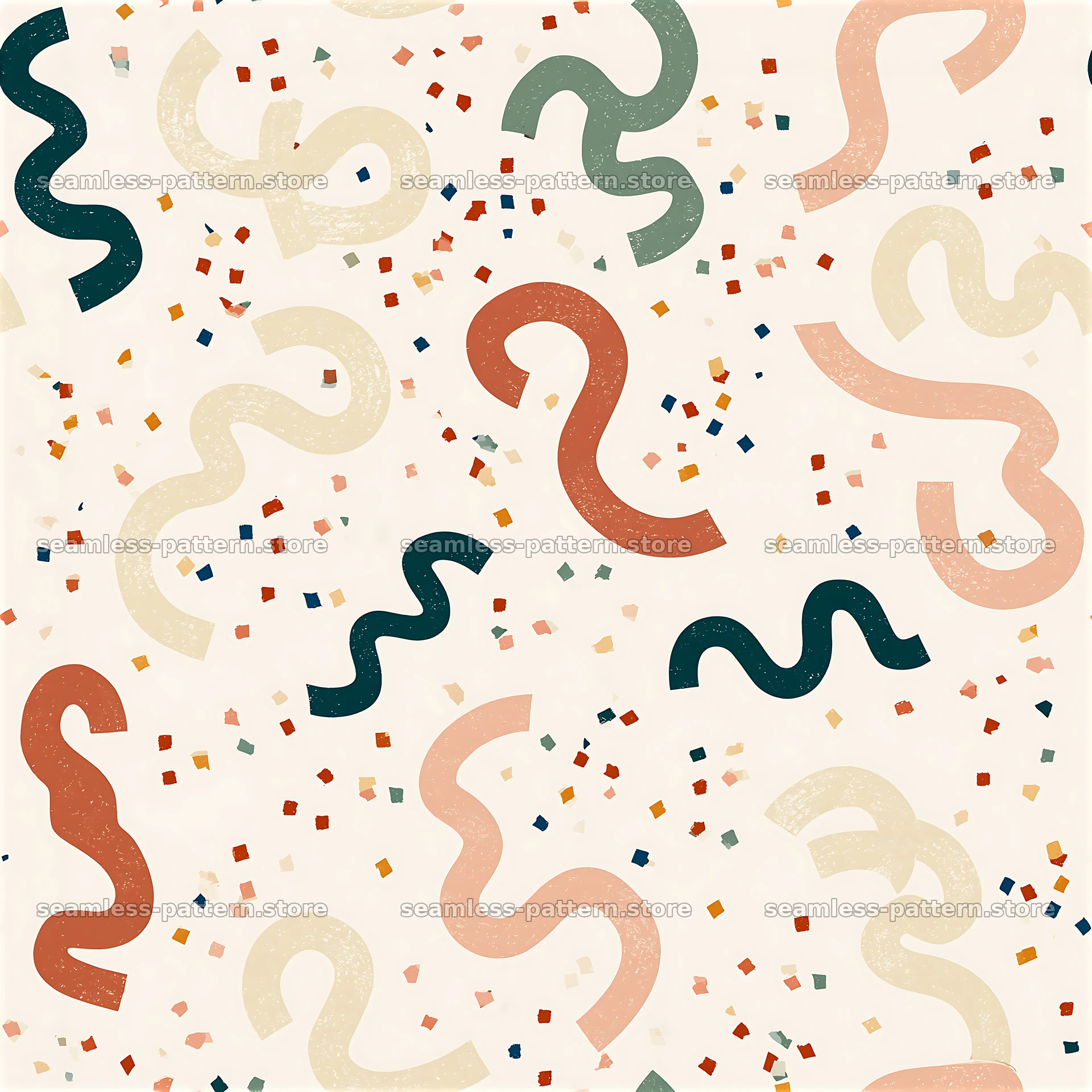 Confetti streamers seamless pattern with colorful wavy shapes — seamless tileable pattern at 8192x8192