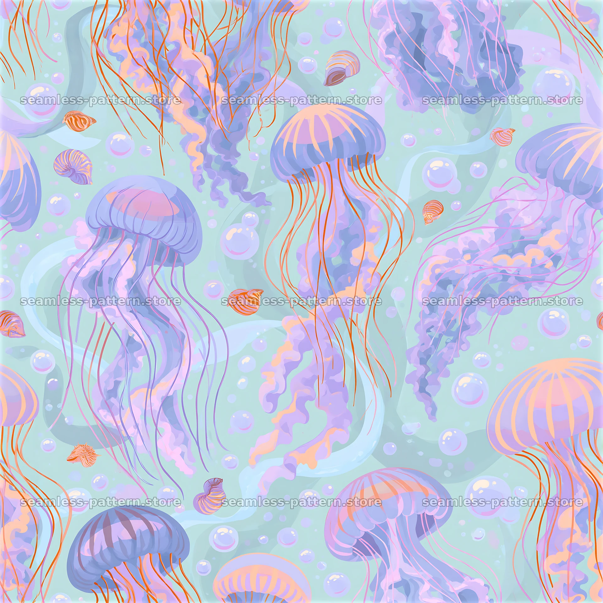 Colorful ocean seamless pattern featuring jellyfish and seashells — seamless tileable pattern at 8192x8192