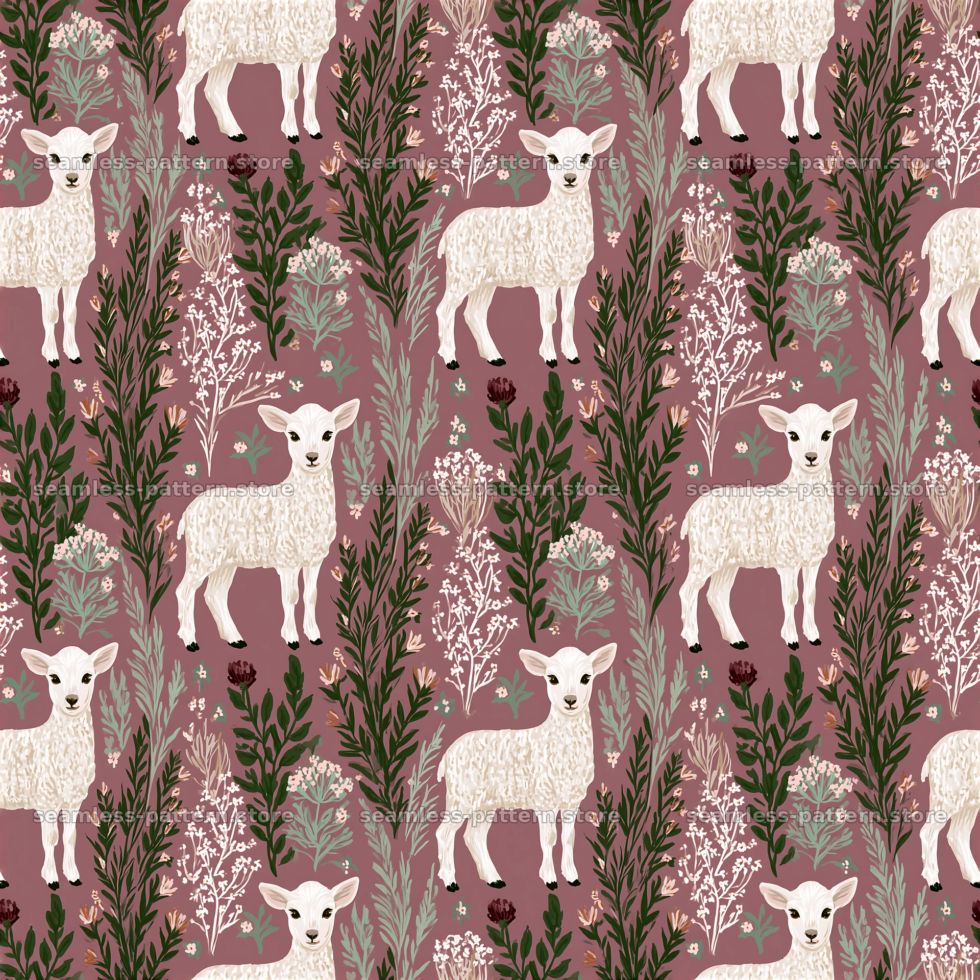 Repeat pattern with gentle lamb illustrations and meadow flowers — seamless tileable pattern at 8192x8192