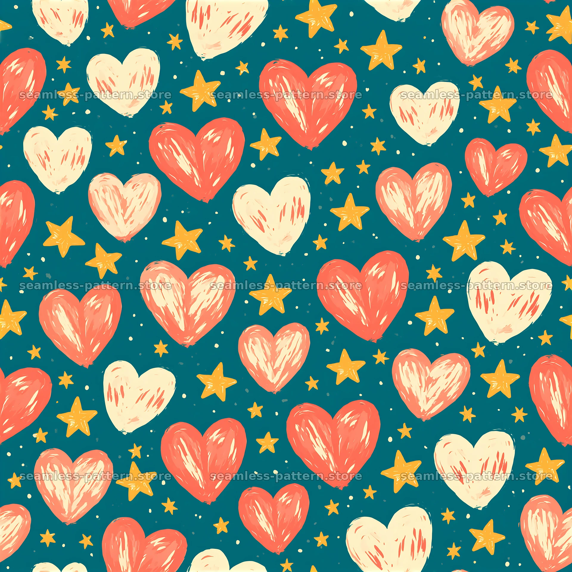 Seamless heart and star pattern in shades of red and yellow — seamless tileable pattern at 8192x8192