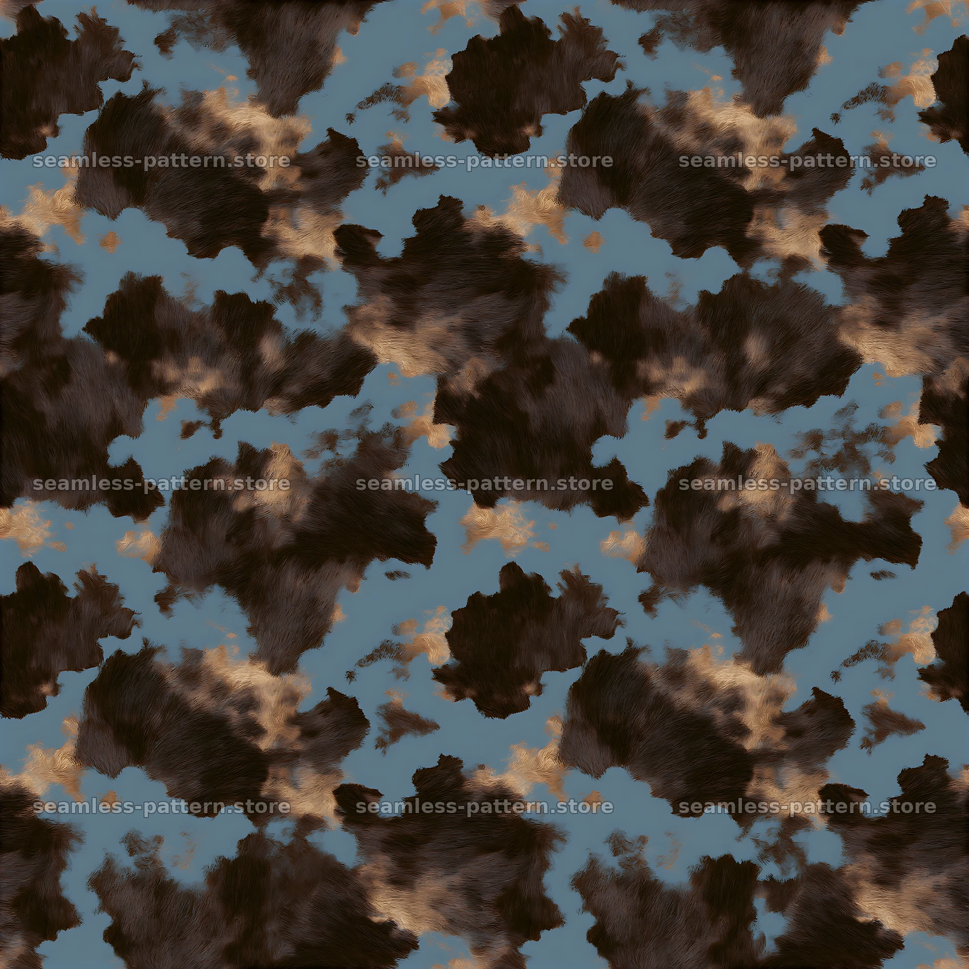 Seamless chocolate brown cowhide repeat pattern with blue accents — seamless tileable pattern at 8192x8192