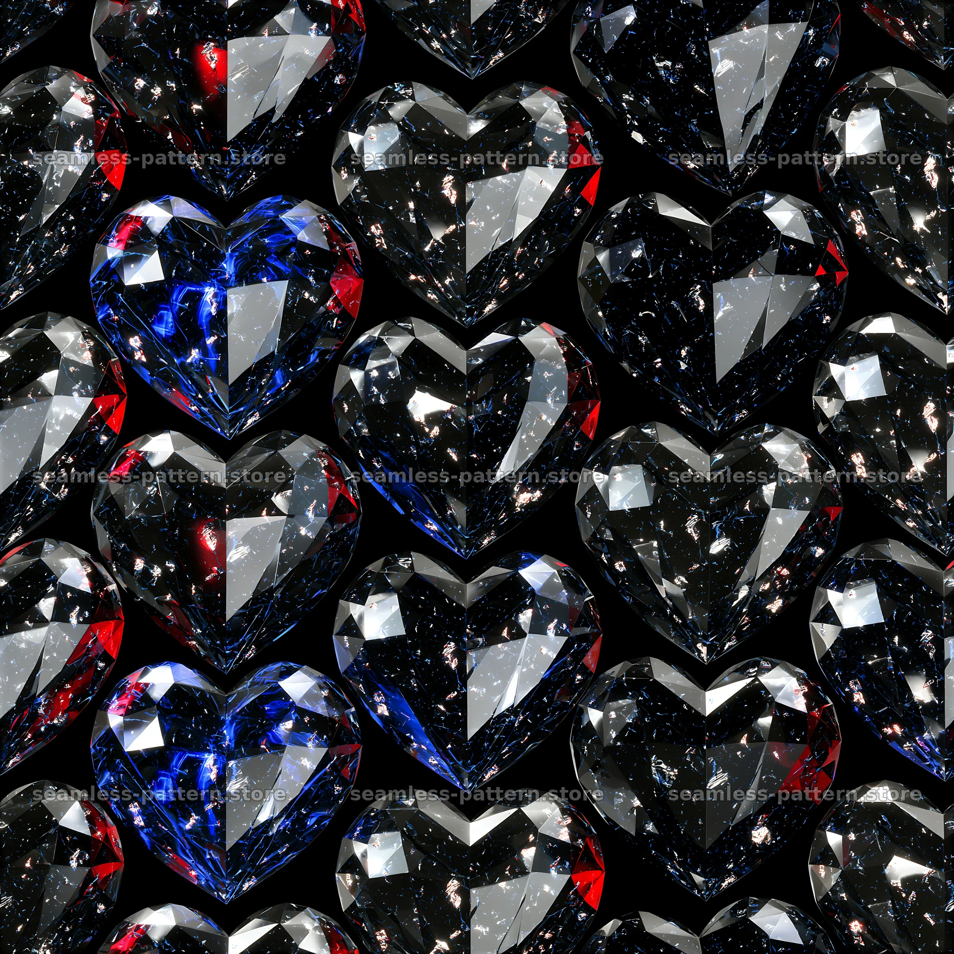Heart crystals repeating pattern in dark colors with shiny facets — seamless tileable pattern at 8192x8192