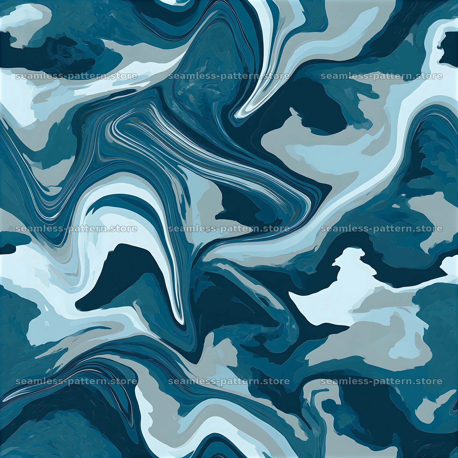 Seamless blue camouflage marble pattern in swirling abstract shapes — seamless tileable pattern at 8192x8192