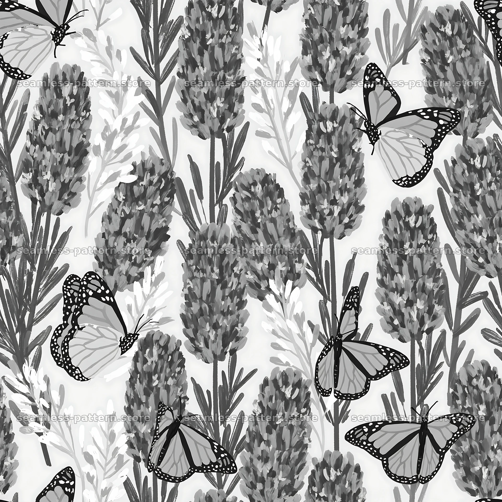 Butterfly and lavender seamless pattern in black and white — seamless tileable pattern