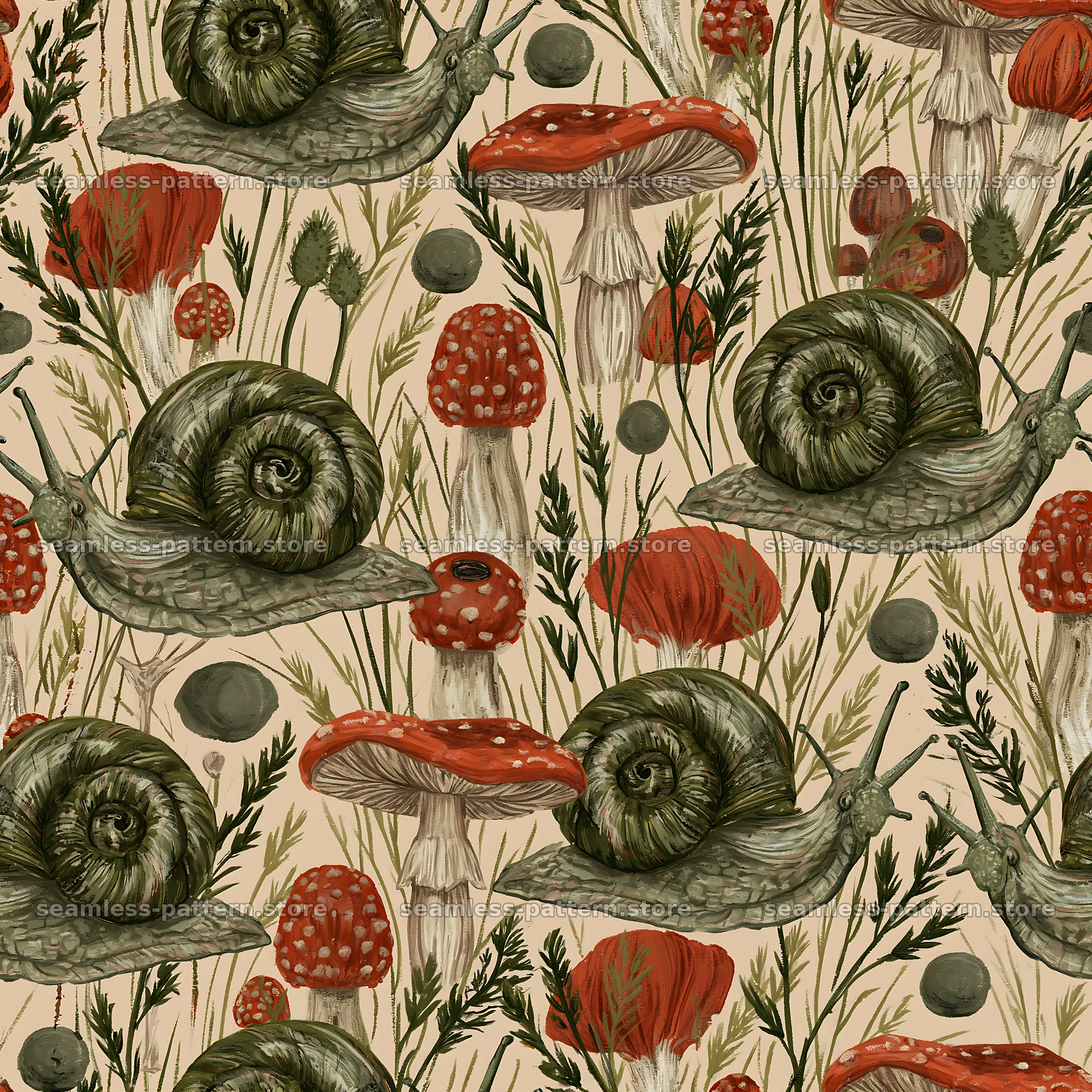 Seamless texture featuring cute snails and mushrooms — seamless tileable pattern