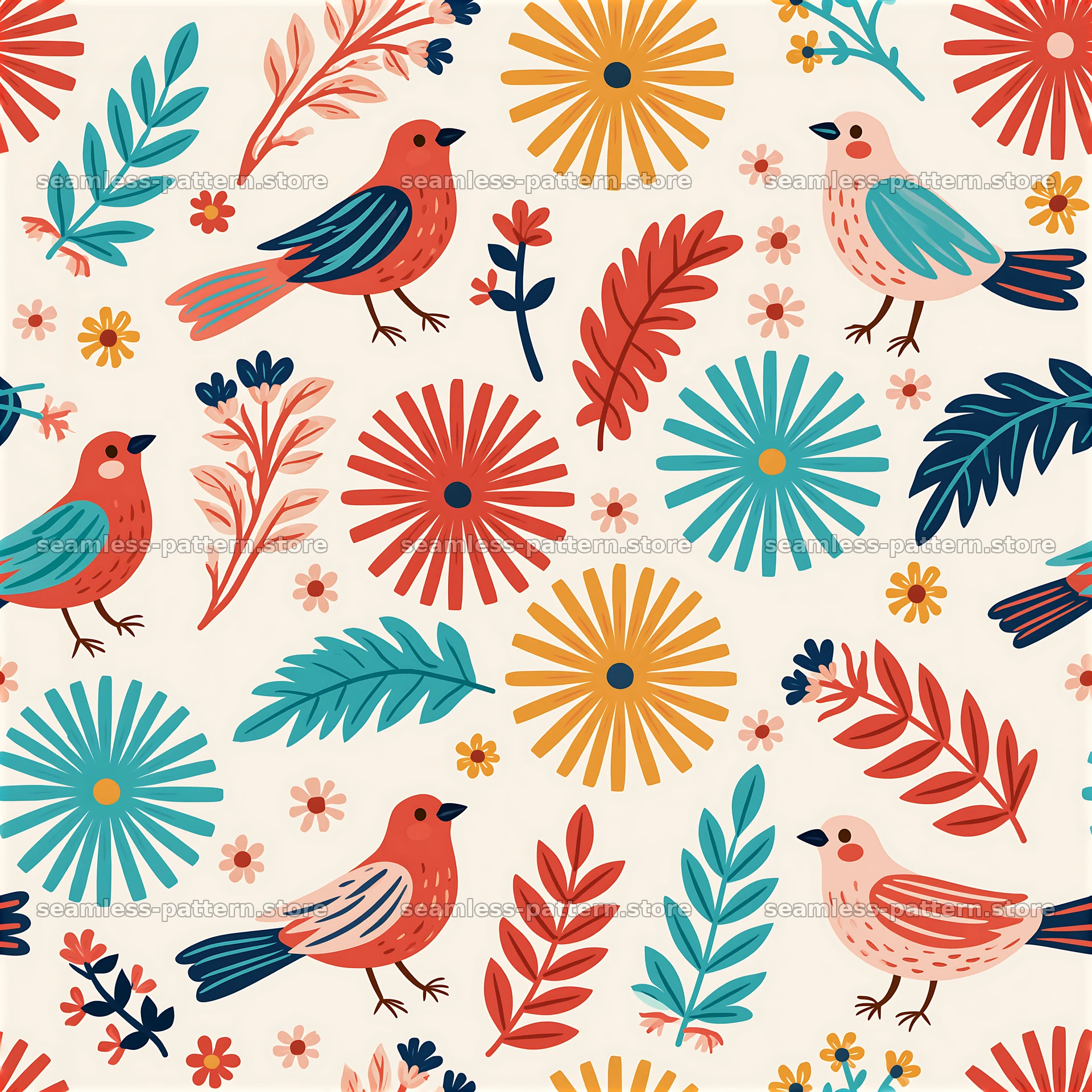 Colorful folk art seamless pattern with birds and flowers — seamless tileable pattern at 8192x8192