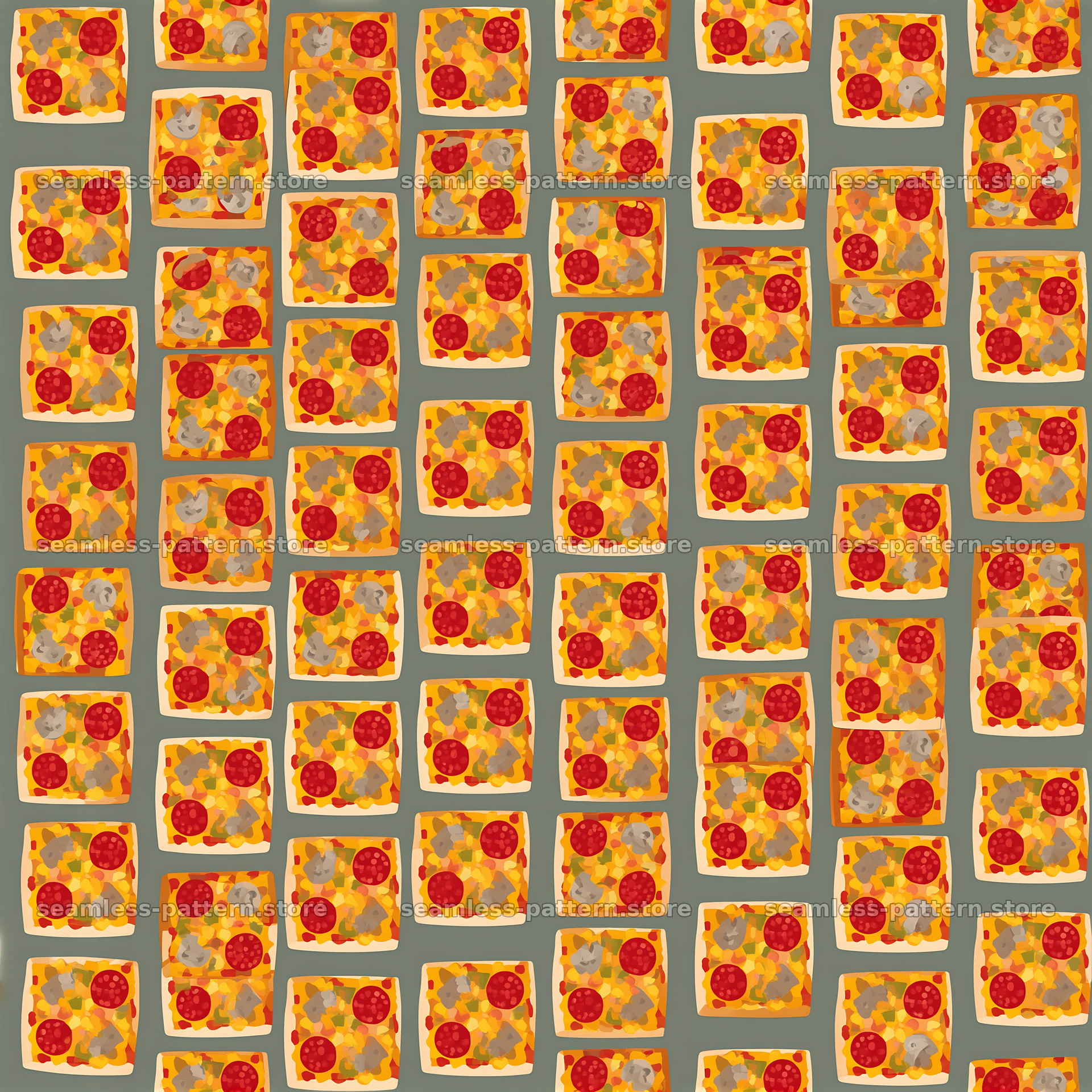 Seamless hot pizza pattern with pepperoni slices and cheese — seamless tileable pattern at 8192x8192