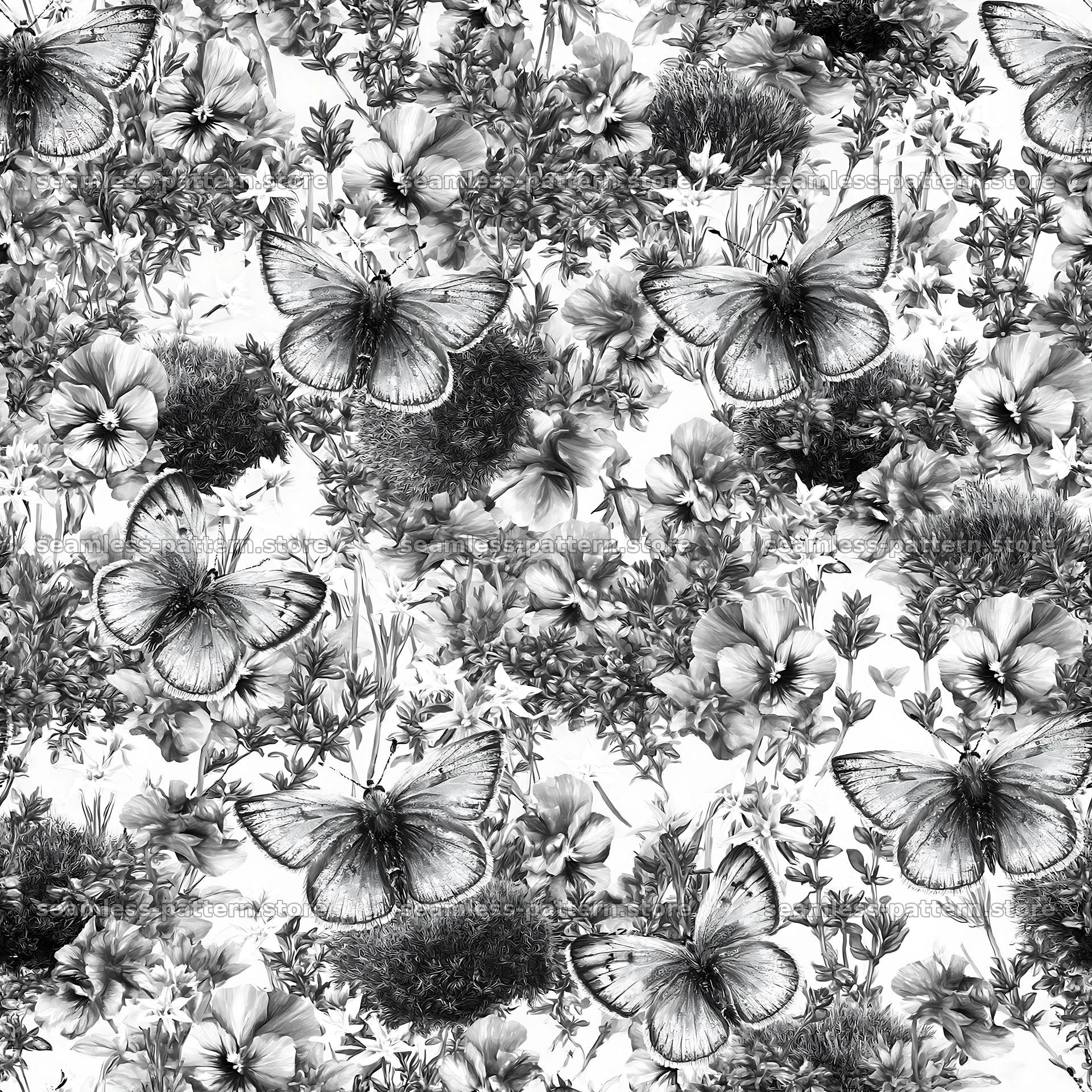 Fairy garden butterfly seamless pattern in black and white — seamless tileable pattern