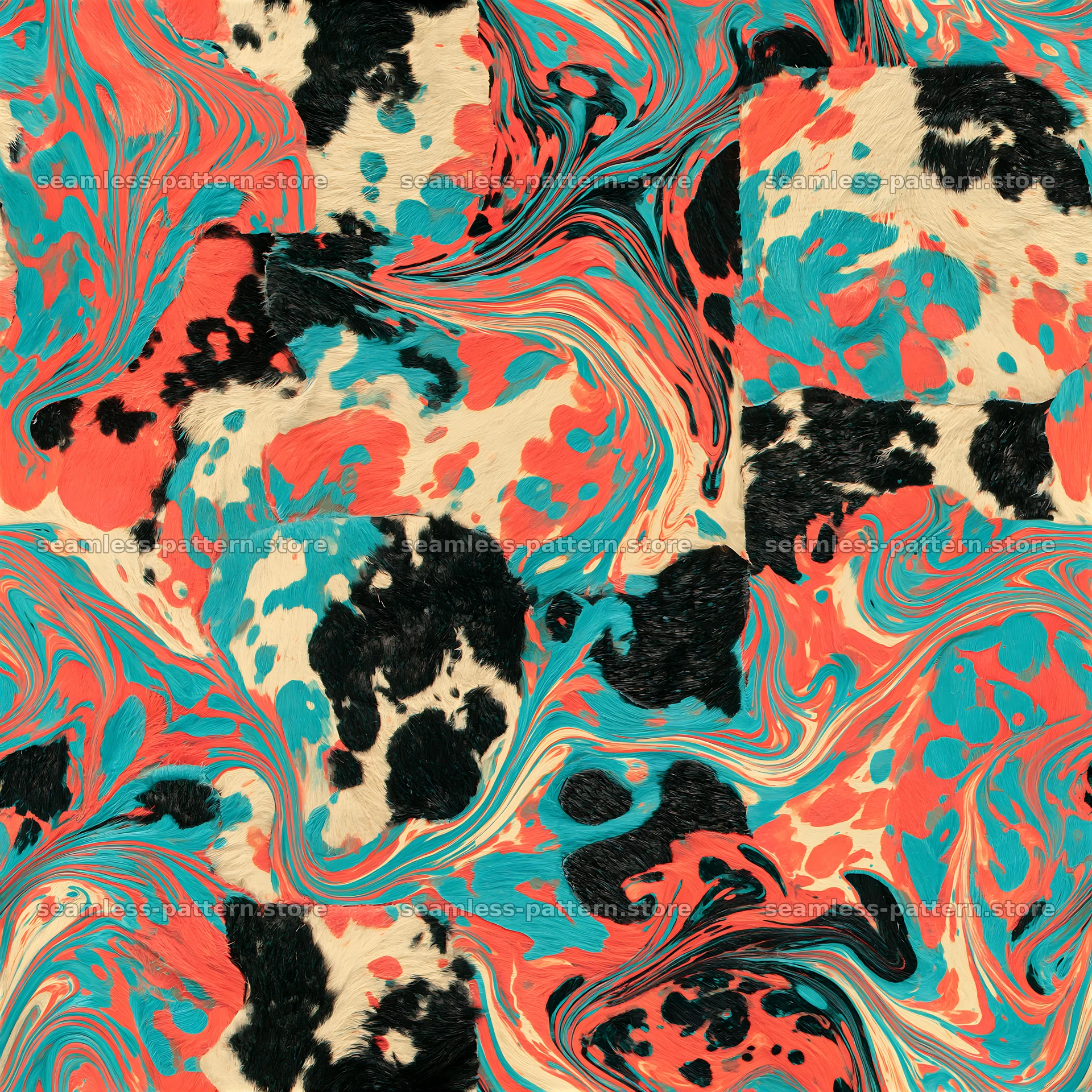 Seamless marbled cowhide pattern with vibrant swirls and colors — seamless tileable pattern at 8192x8192
