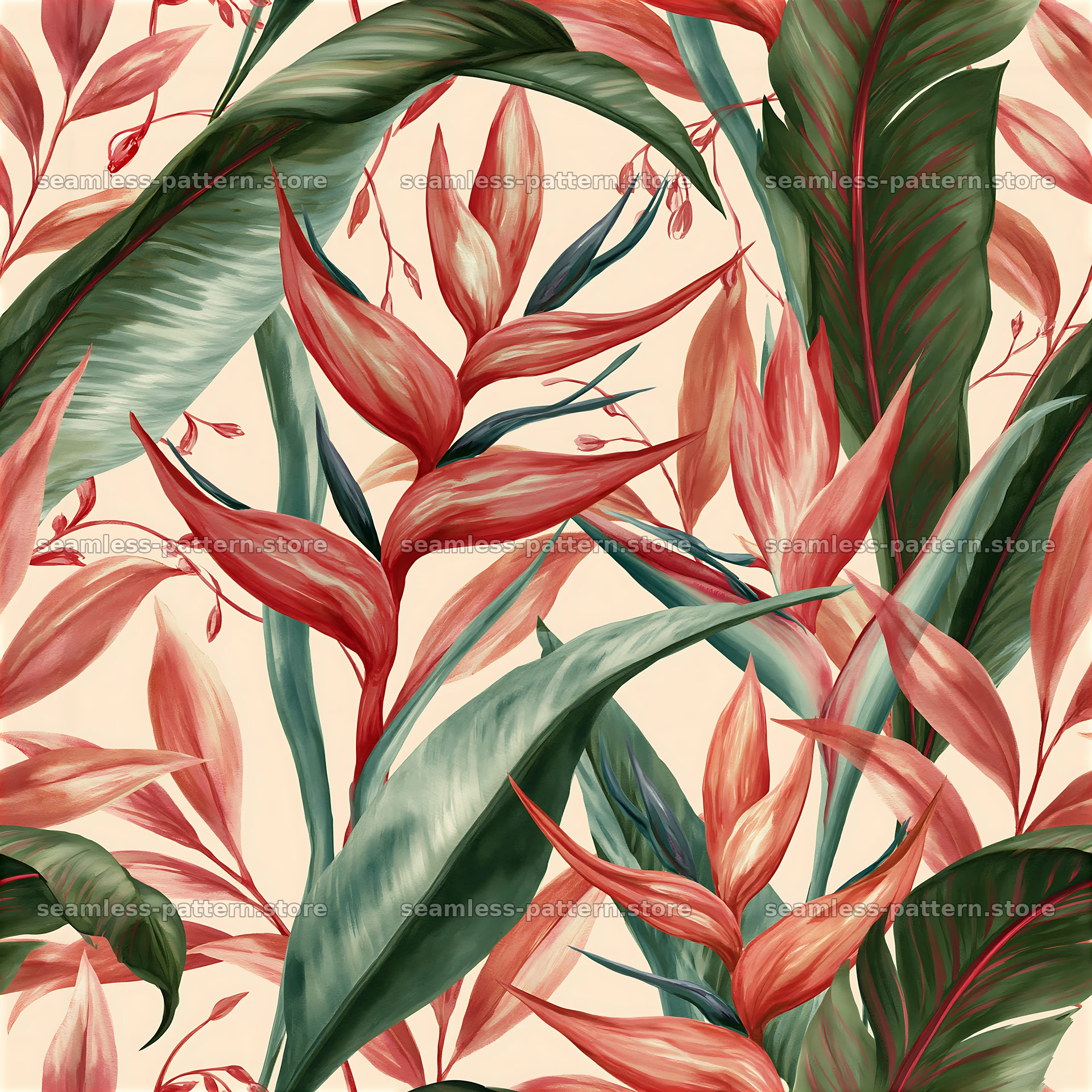 Seamless watercolor tropical pattern with red and green leaves — seamless tileable pattern at 8192x8192